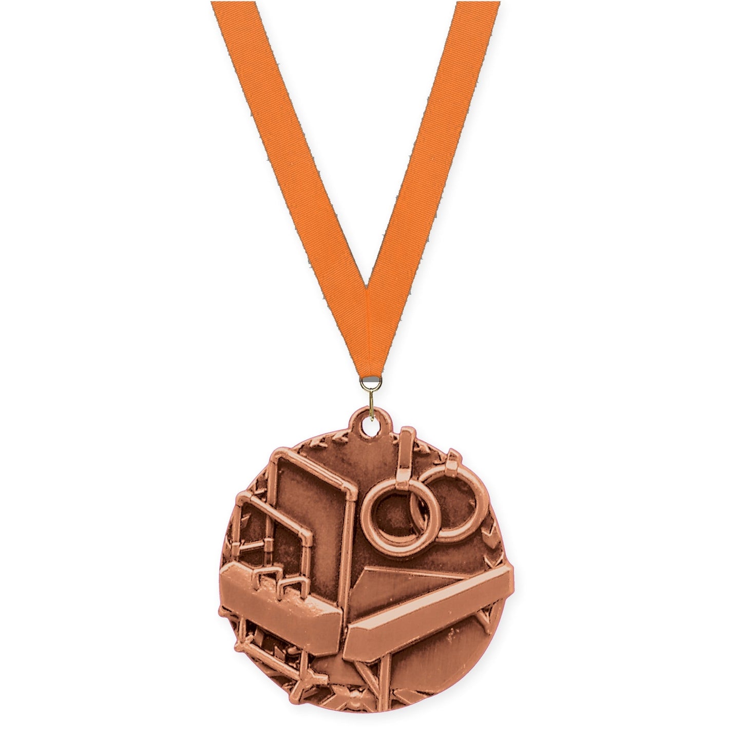1 3/4 inch gymnastics Millennium medal in antique bronze with Orange neck ribbon