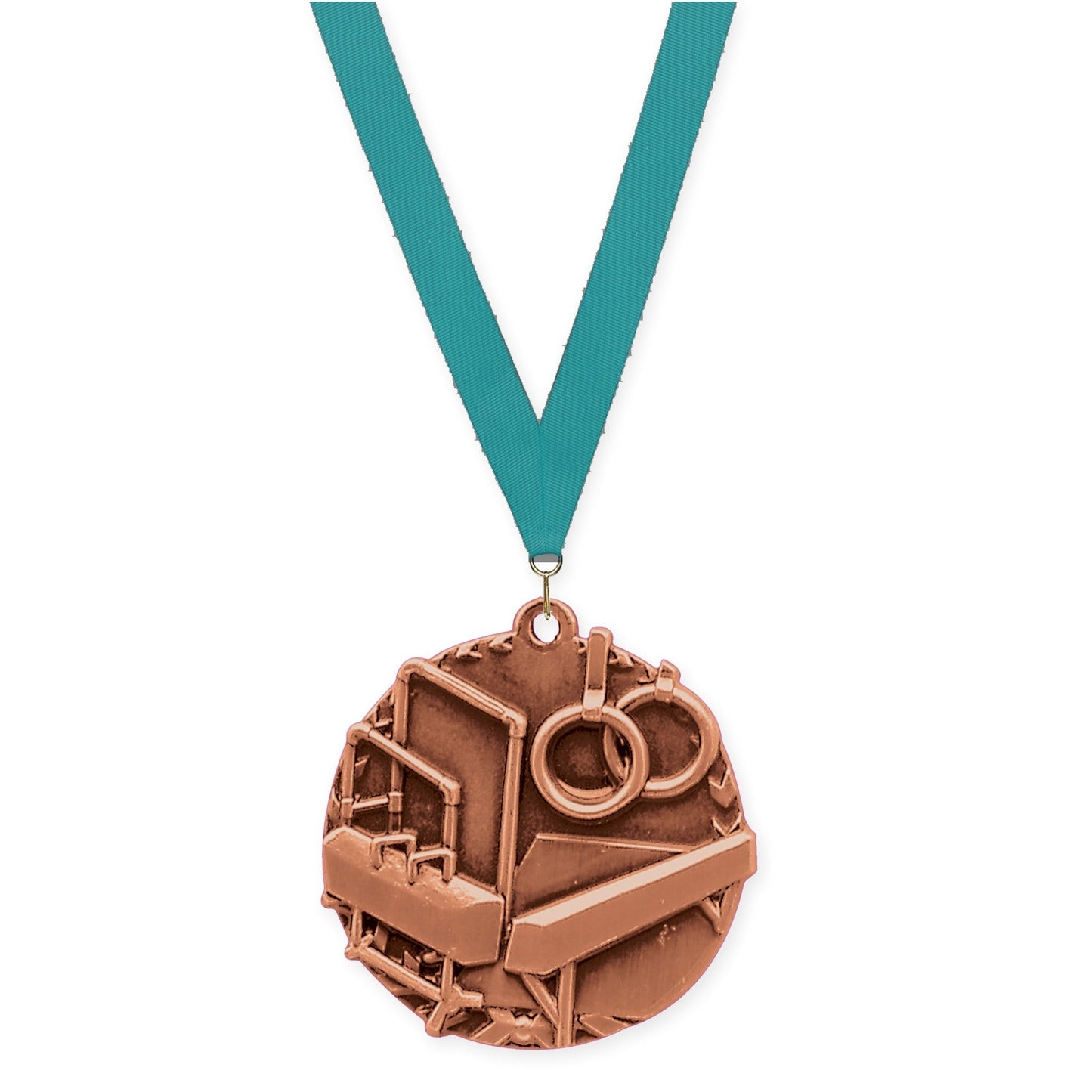 1 3/4 inch gymnastics Millennium medal in antique bronze with Teal neck ribbon