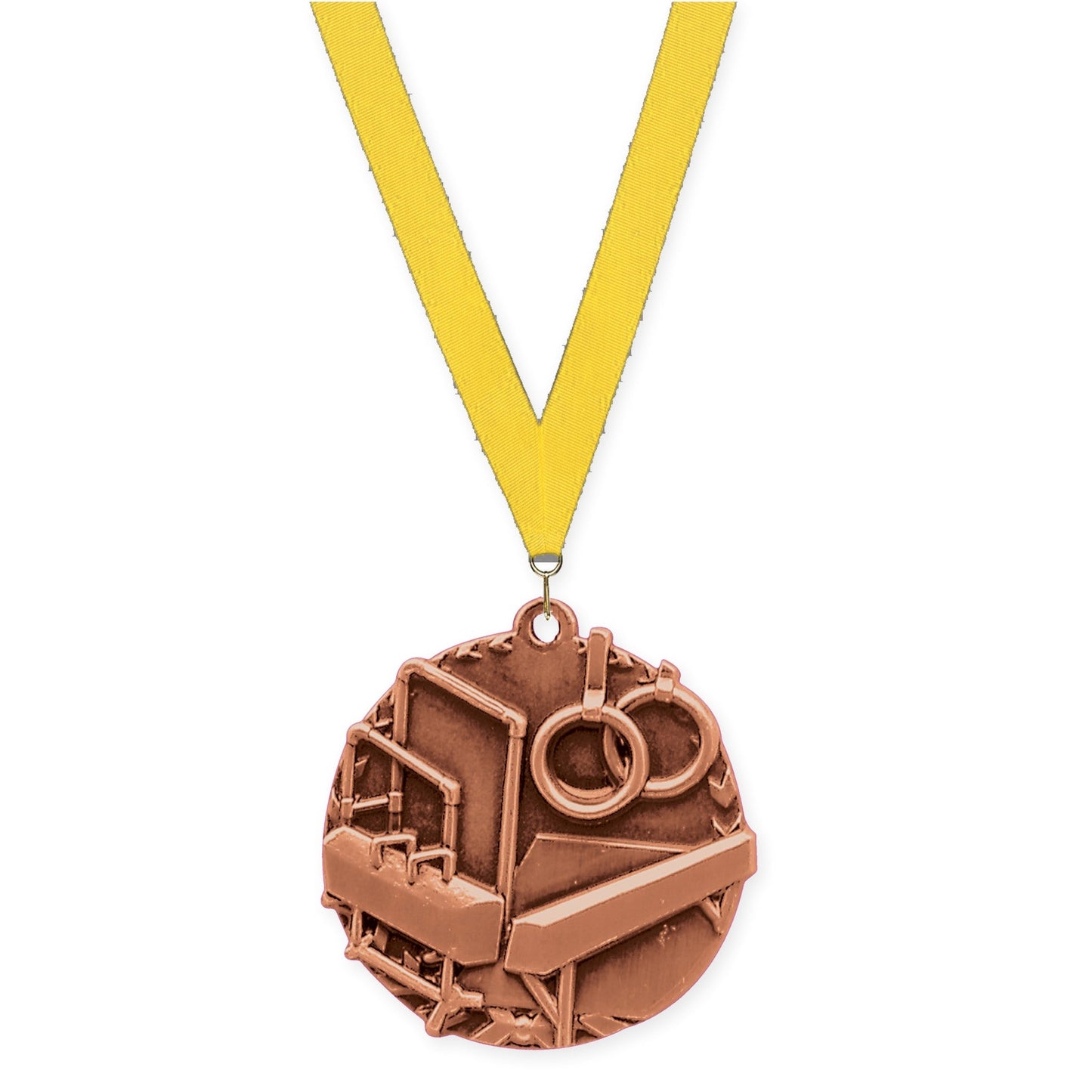 1 3/4 inch gymnastics Millennium medal in antique bronze with Yellow neck ribbon