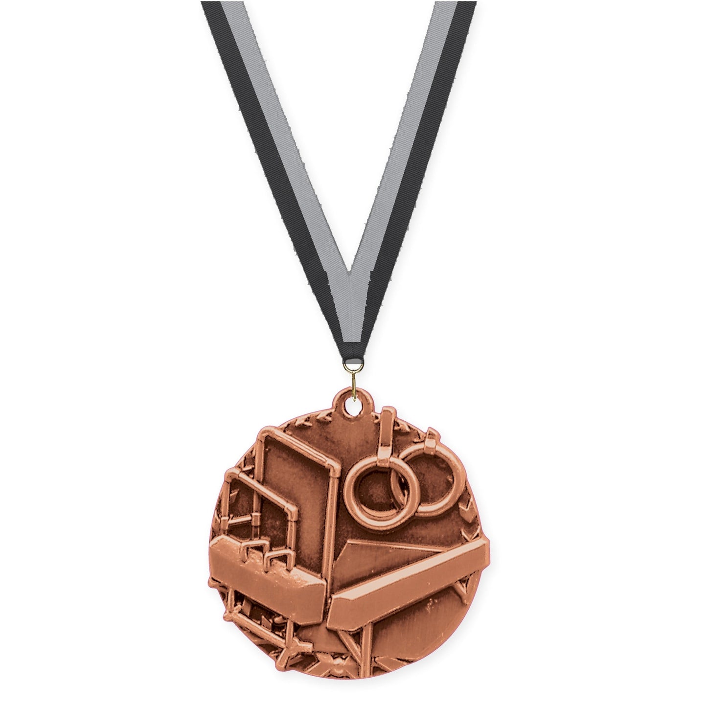 1 3/4 inch gymnastics Millennium medal in antique bronze with Black Gray neck ribbon