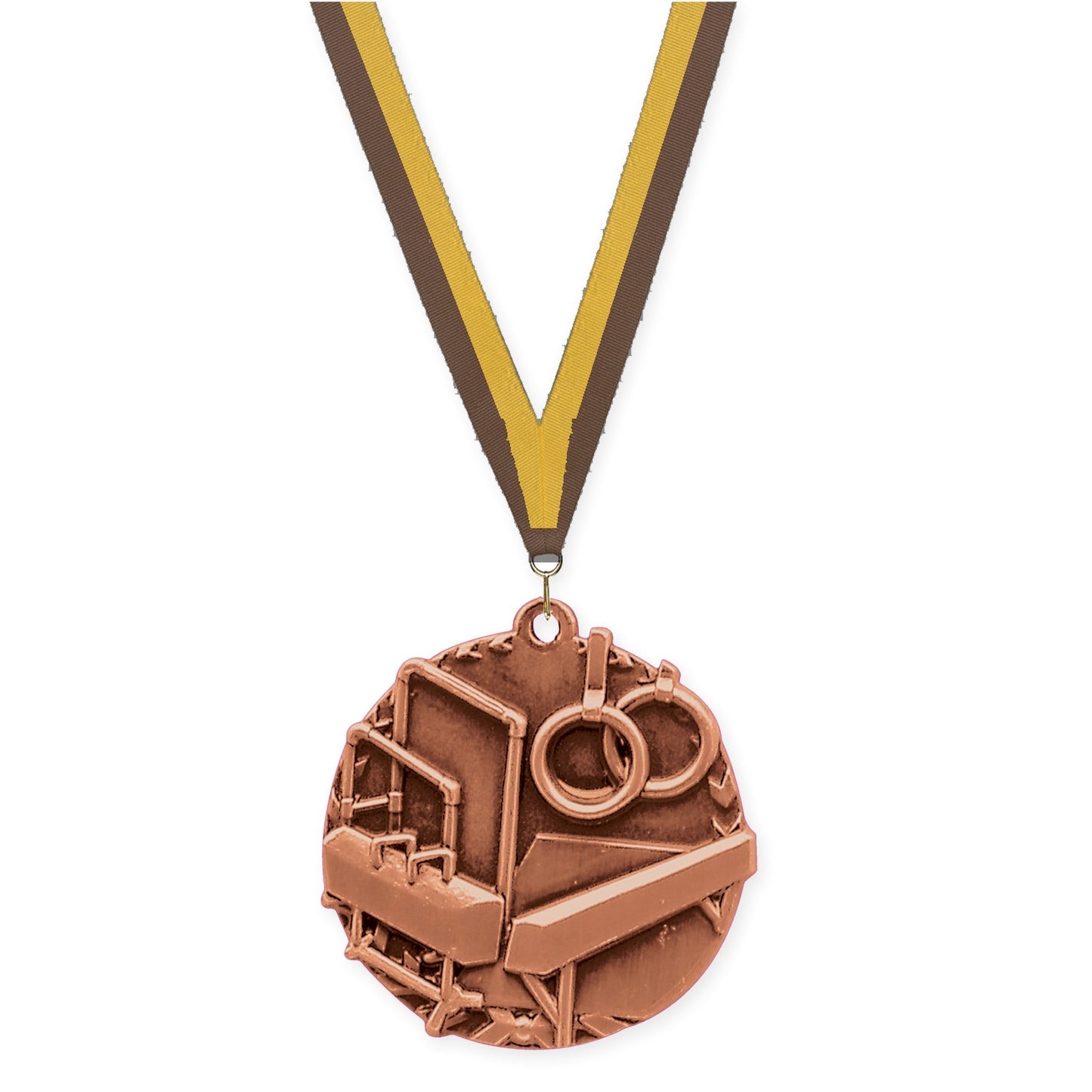 1 3/4 inch gymnastics Millennium medal in antique bronze with Brown Gold neck ribbon
