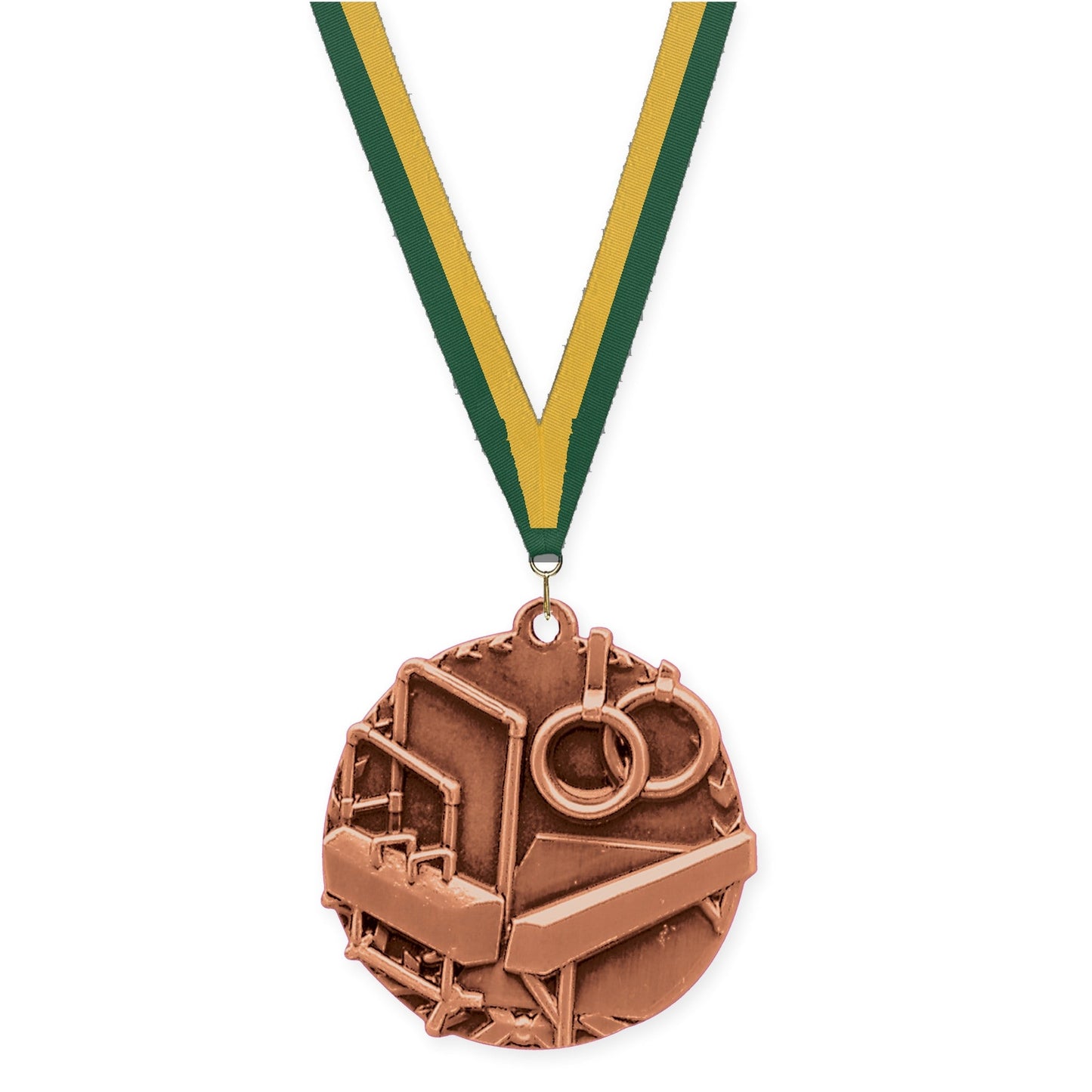 1 3/4 inch gymnastics Millennium medal in antique bronze with Hunter Green Gold neck ribbon