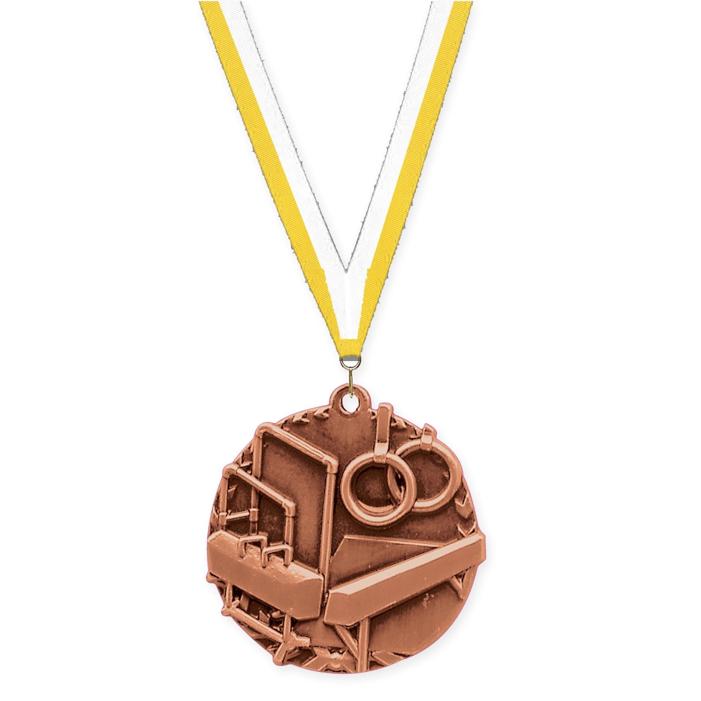 1 3/4 inch gymnastics Millennium medal in antique bronze with Yellow White neck ribbon