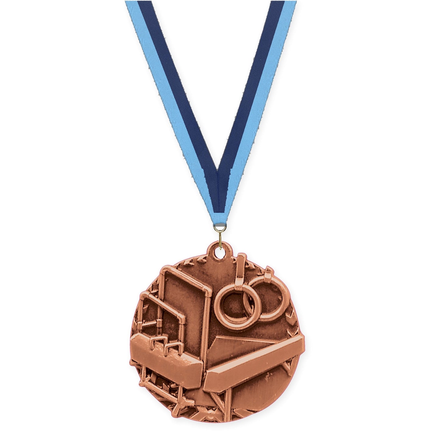 1 3/4 inch gymnastics Millennium medal in antique bronze with Light Blue Navy neck ribbon