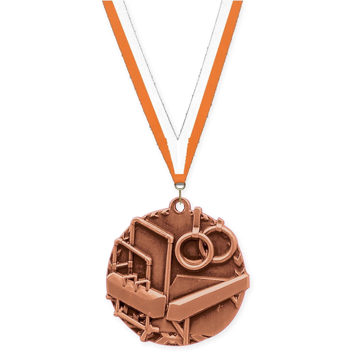 1 3/4 inch gymnastics Millennium medal in antique bronze with Orange White neck ribbon