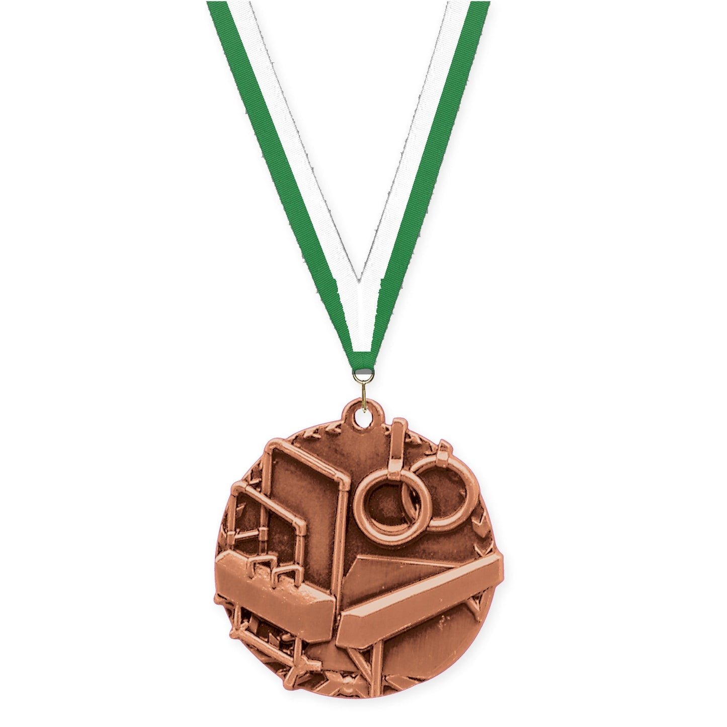 1 3/4 inch gymnastics Millennium medal in antique bronze with Green White neck ribbon
