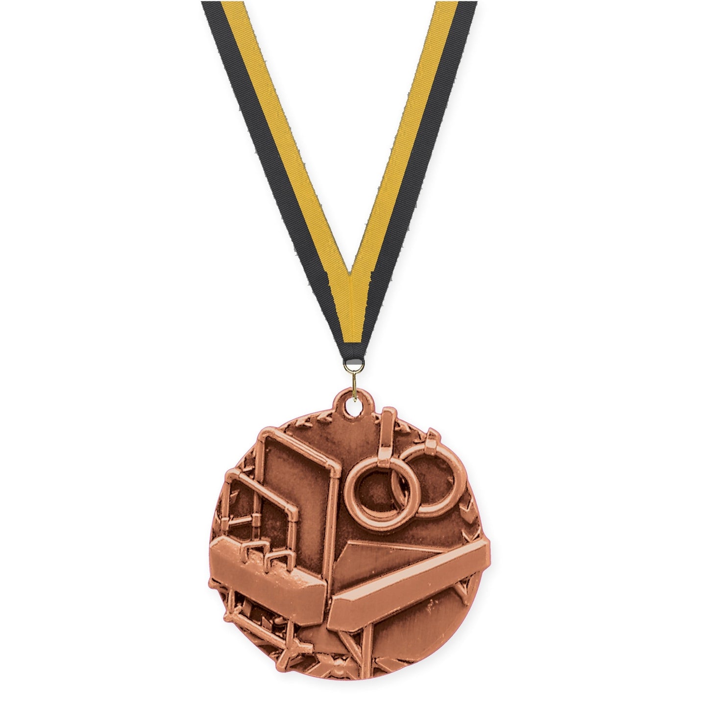 1 3/4 inch gymnastics Millennium medal in antique bronze with Black Gold neck ribbon