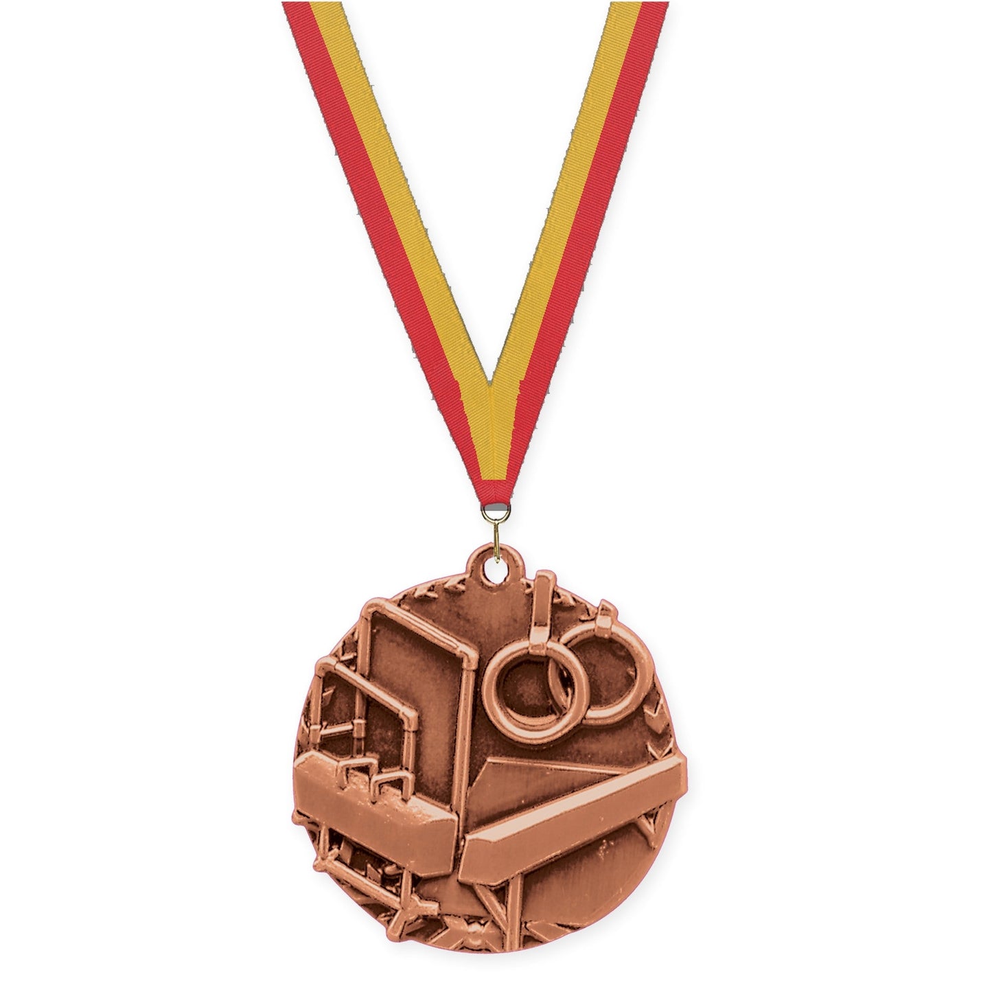 1 3/4 inch gymnastics Millennium medal in antique bronze with Red Gold neck ribbon