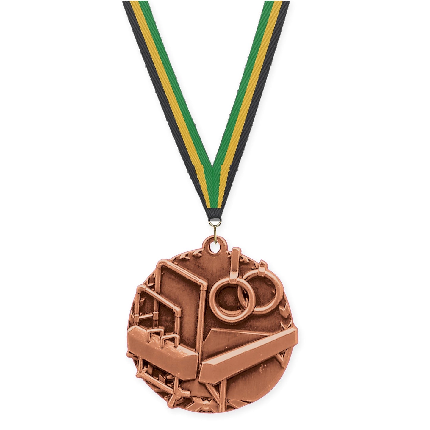 1 3/4 inch gymnastics Millennium medal in antique bronze with Black Gold Green neck ribbon