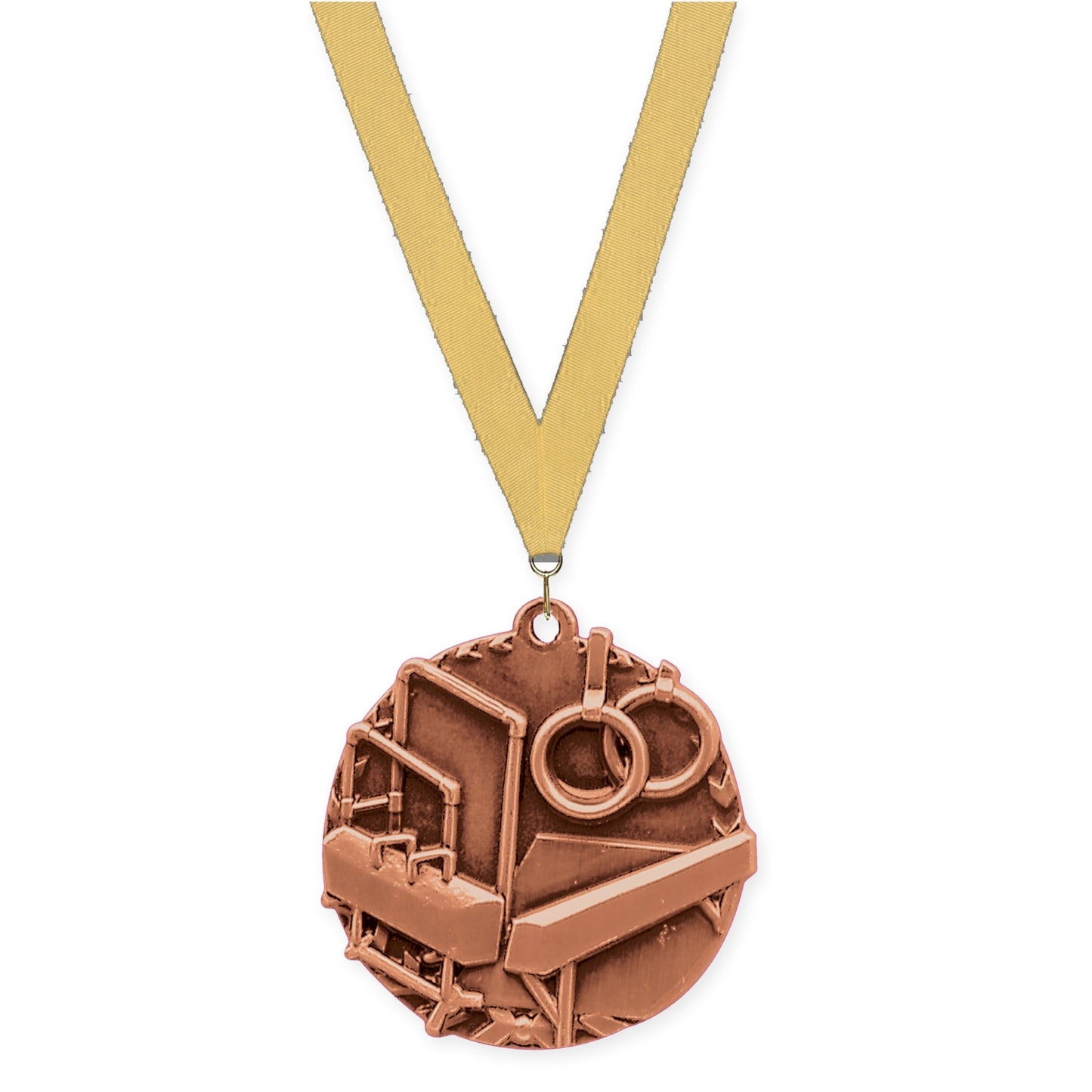 1 3/4 inch gymnastics Millennium medal in antique bronze with Gold Metallic neck ribbon