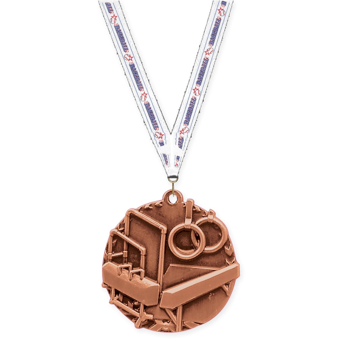 1 3/4 inch gymnastics Millennium medal in antique bronze with Baseball neck ribbon