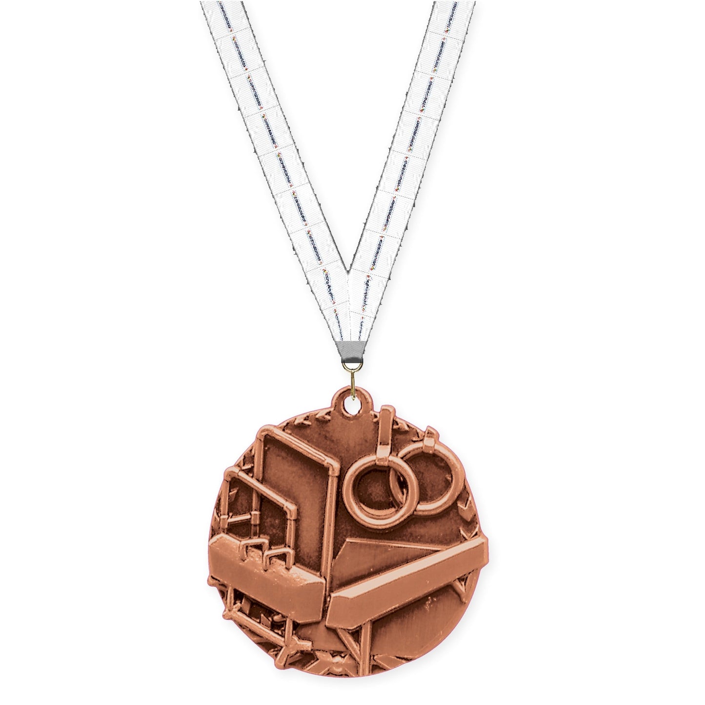 1 3/4 inch gymnastics Millennium medal in antique bronze with Lamp Of Knowledge neck ribbon