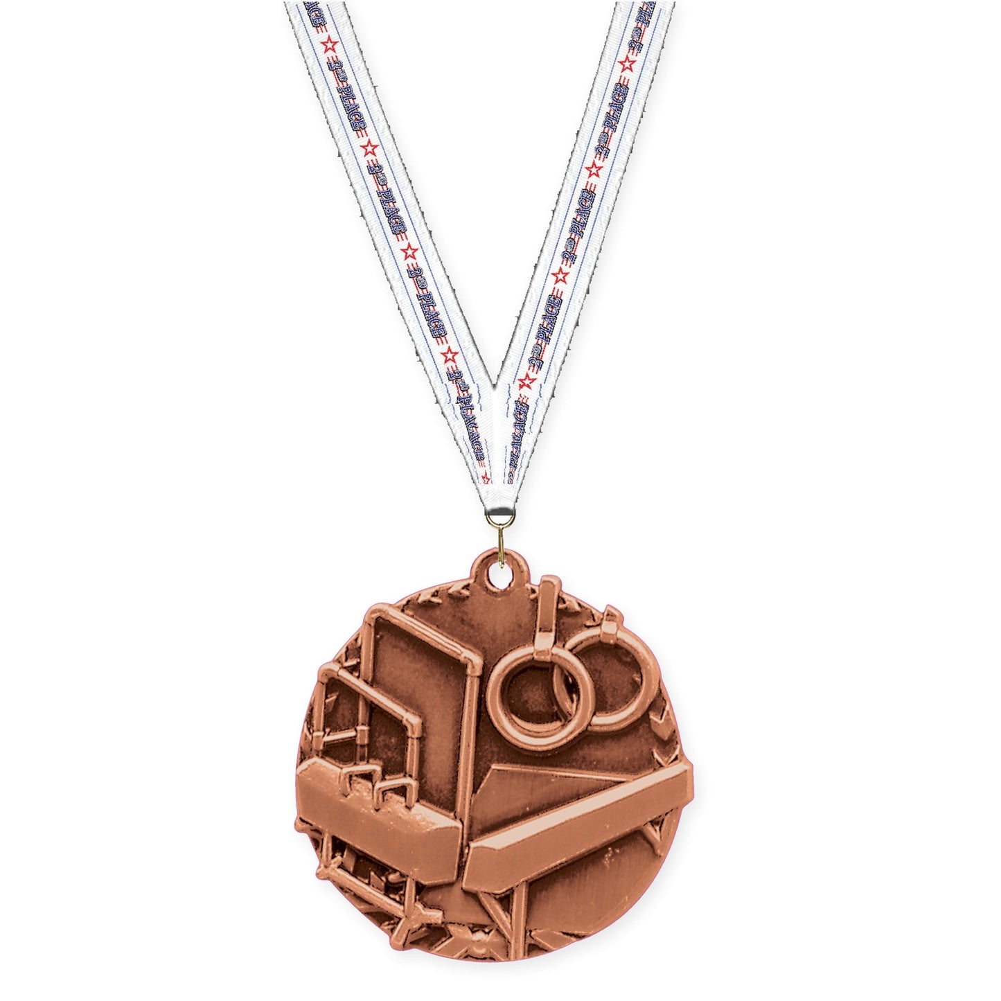 1 3/4 inch gymnastics Millennium medal in antique bronze with 2nd Place neck ribbon