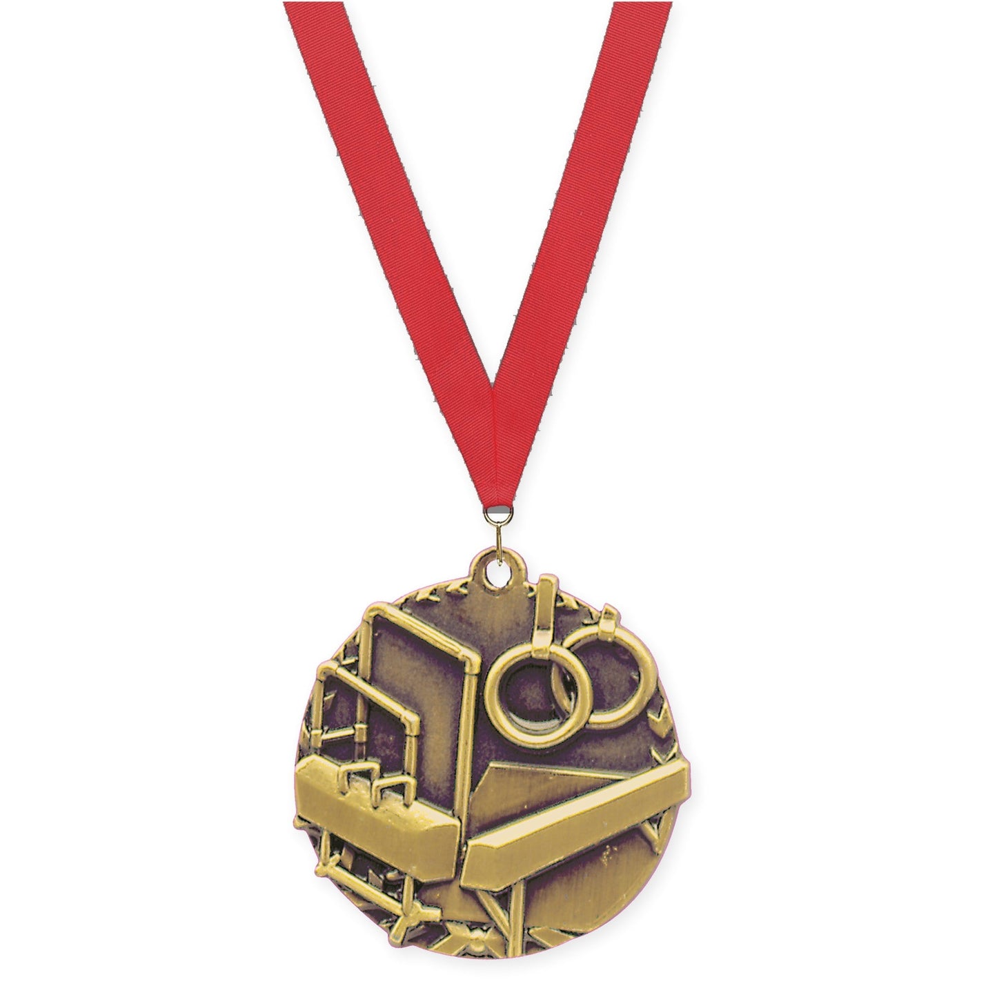 1 3/4 inch gymnastics Millennium medal in antique gold with Red neck ribbon