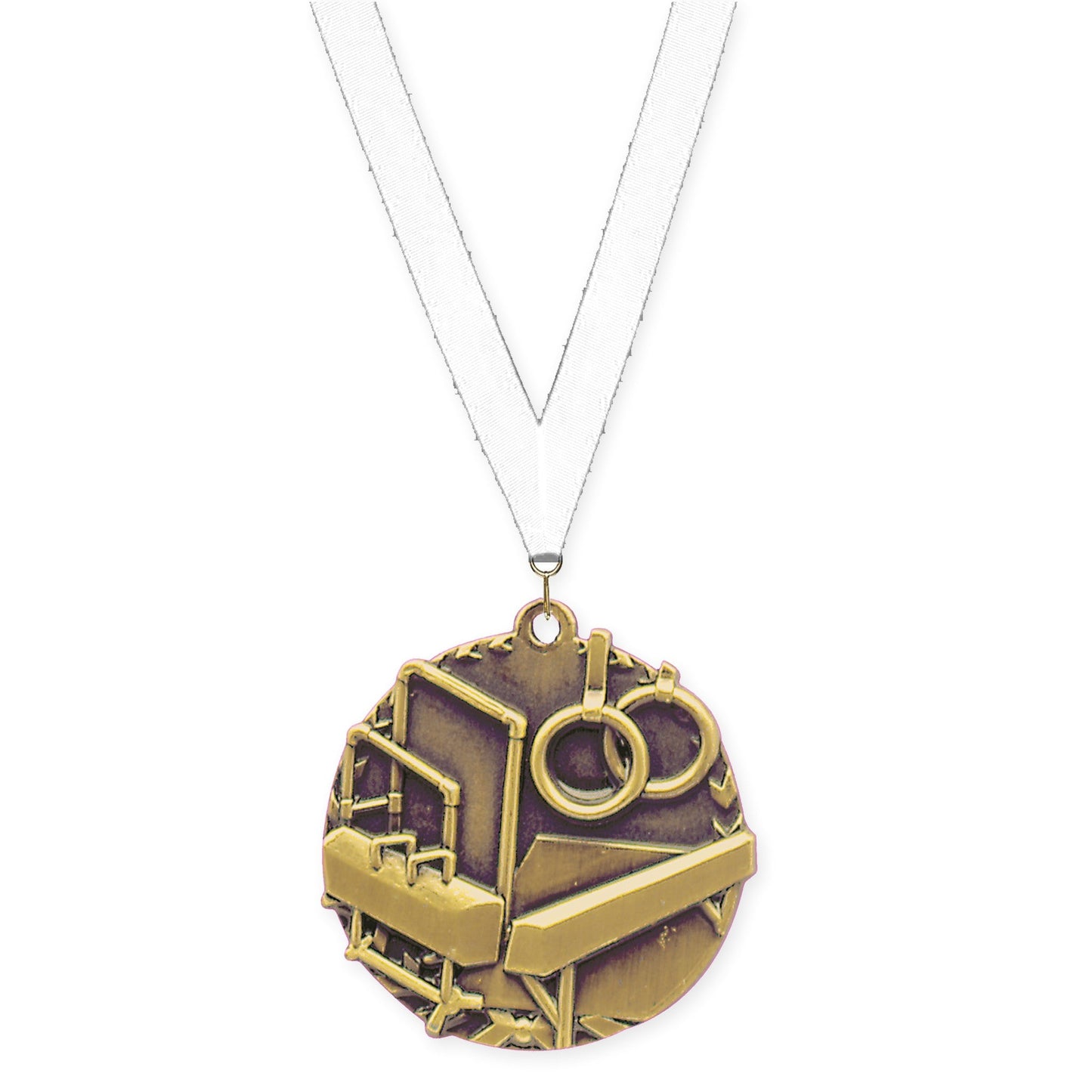 1 3/4 inch gymnastics Millennium medal in antique gold with White neck ribbon