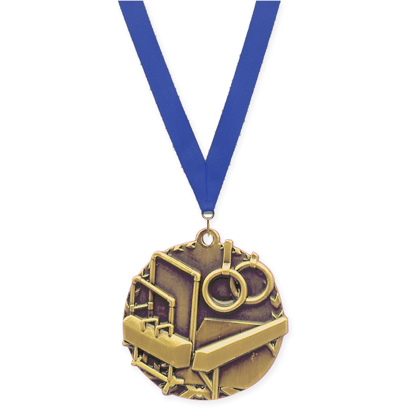 1 3/4 inch gymnastics Millennium medal in antique gold with Blue neck ribbon