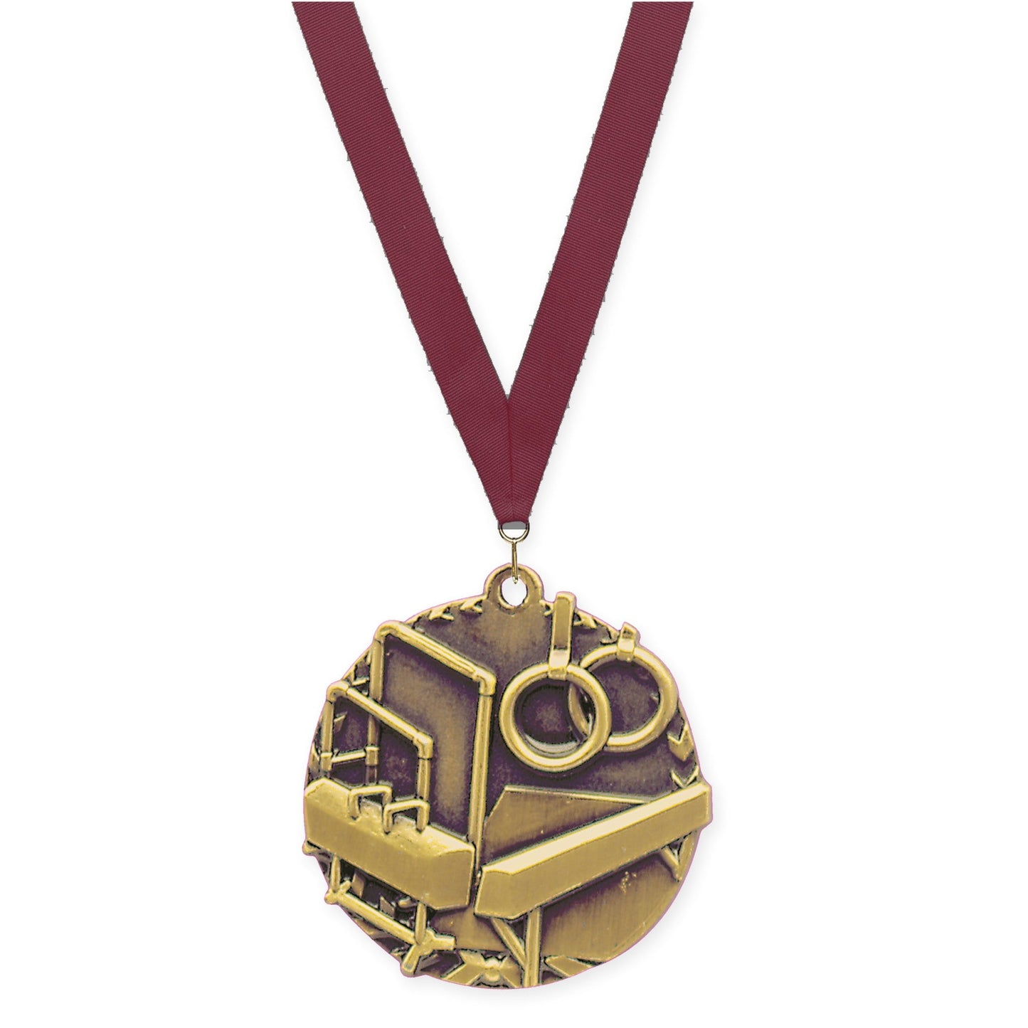 1 3/4 inch gymnastics Millennium medal in antique gold with Maroon neck ribbon
