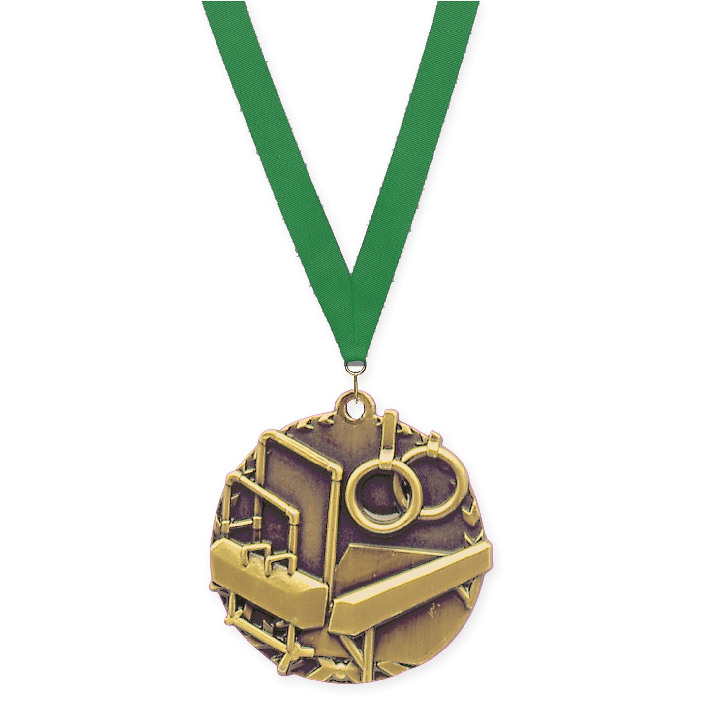 1 3/4 inch gymnastics Millennium medal in antique gold with Green neck ribbon