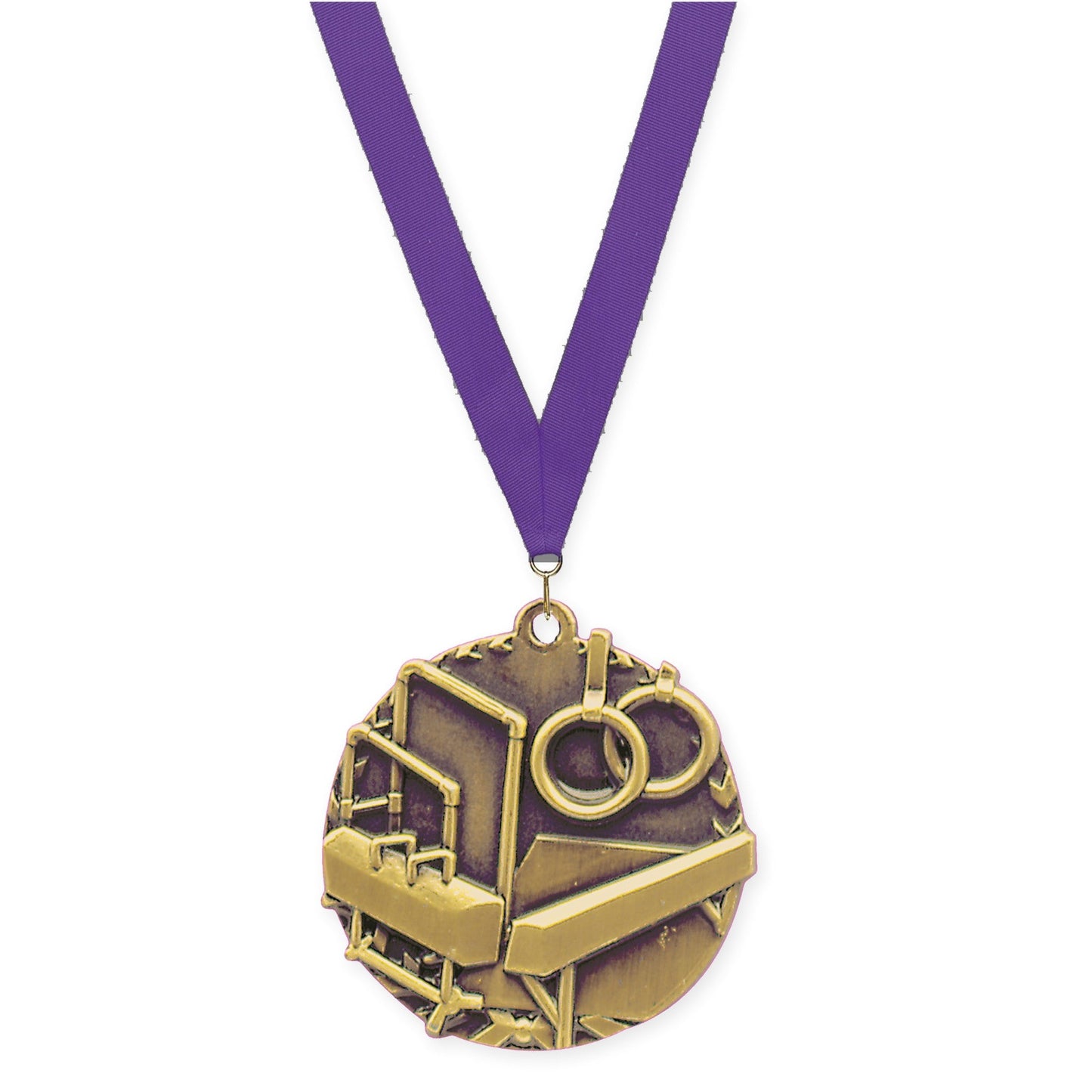 1 3/4 inch gymnastics Millennium medal in antique gold with Purple neck ribbon