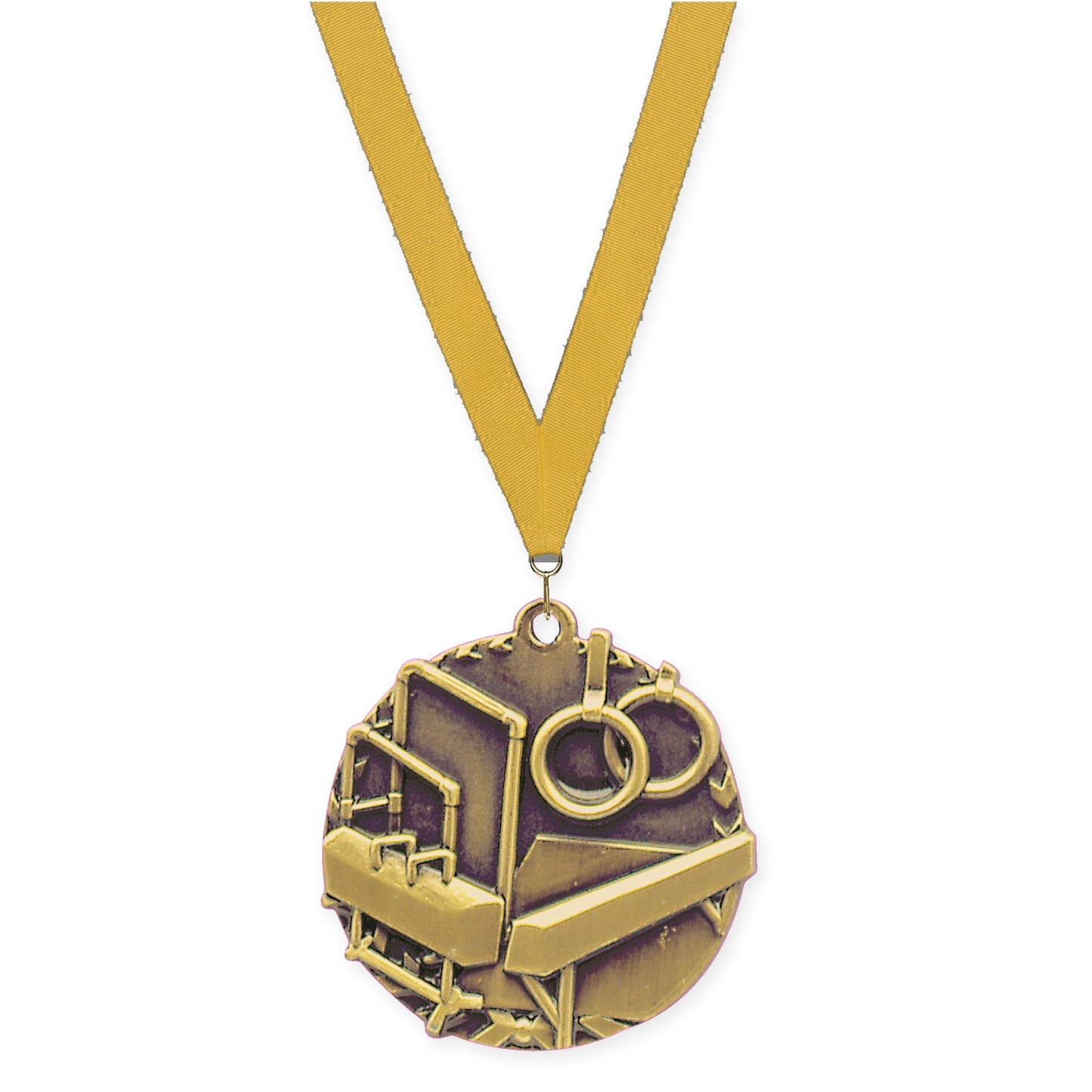 1 3/4 inch gymnastics Millennium medal in antique gold with Gold neck ribbon