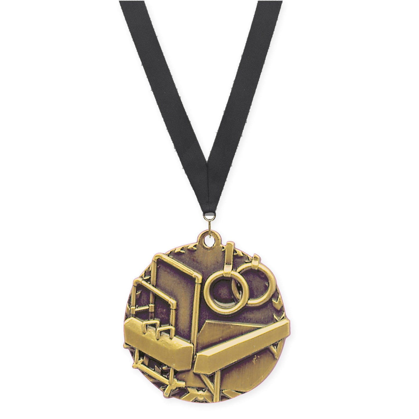 1 3/4 inch gymnastics Millennium medal in antique gold with Black neck ribbon