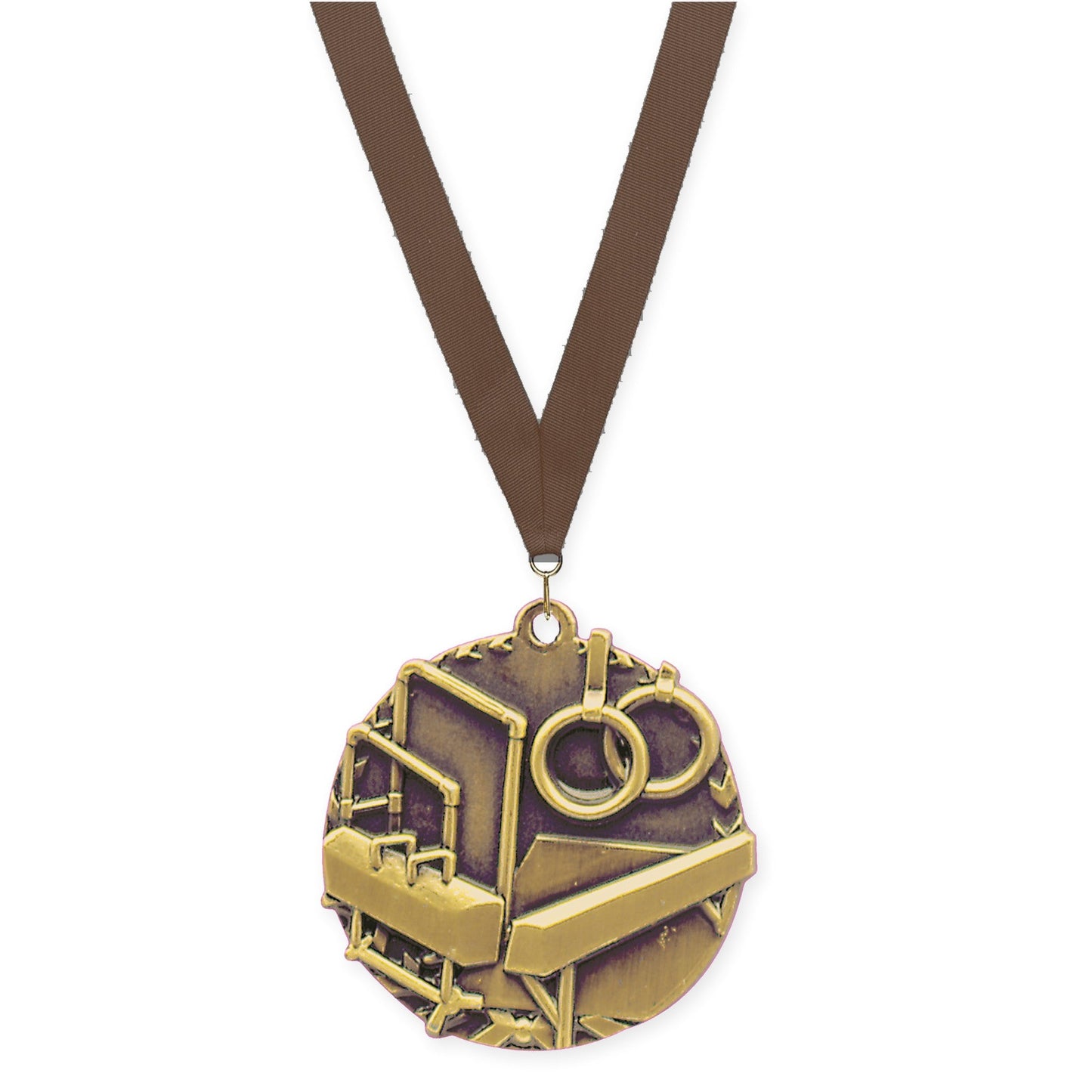 1 3/4 inch gymnastics Millennium medal in antique gold with Brown neck ribbon
