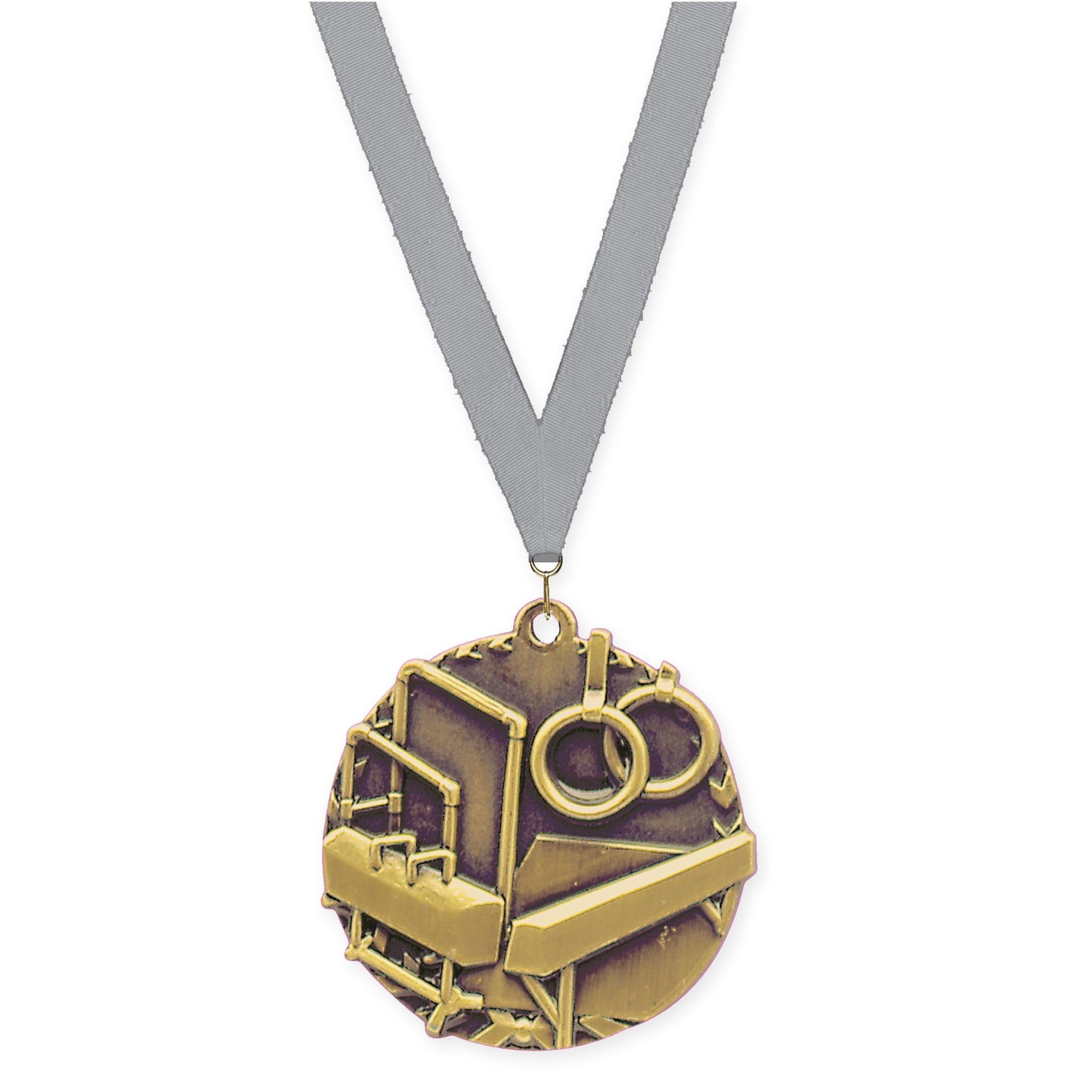 1 3/4 inch gymnastics Millennium medal in antique gold with Gray neck ribbon