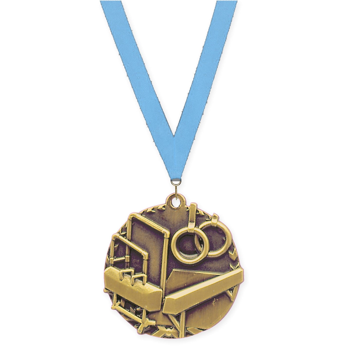 1 3/4 inch gymnastics Millennium medal in antique gold with Light Blue neck ribbon