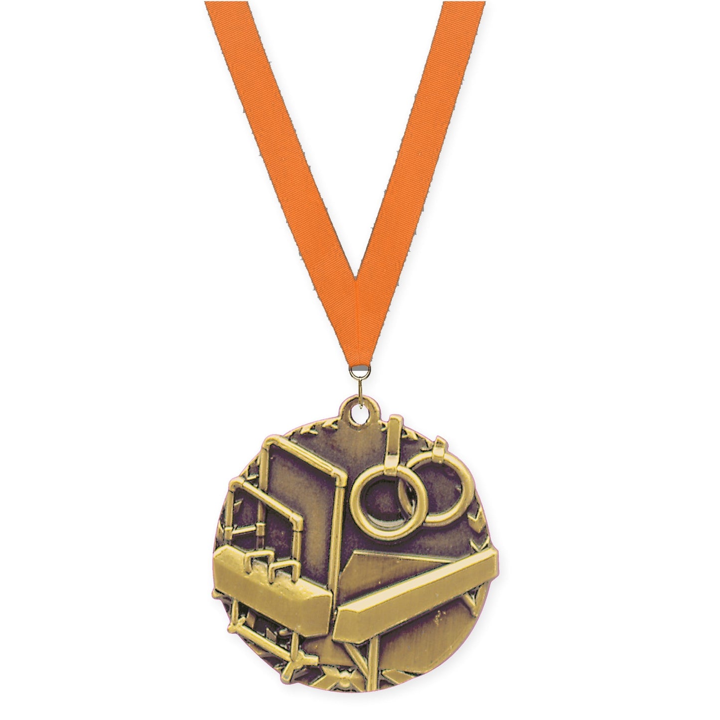 1 3/4 inch gymnastics Millennium medal in antique gold with Orange neck ribbon