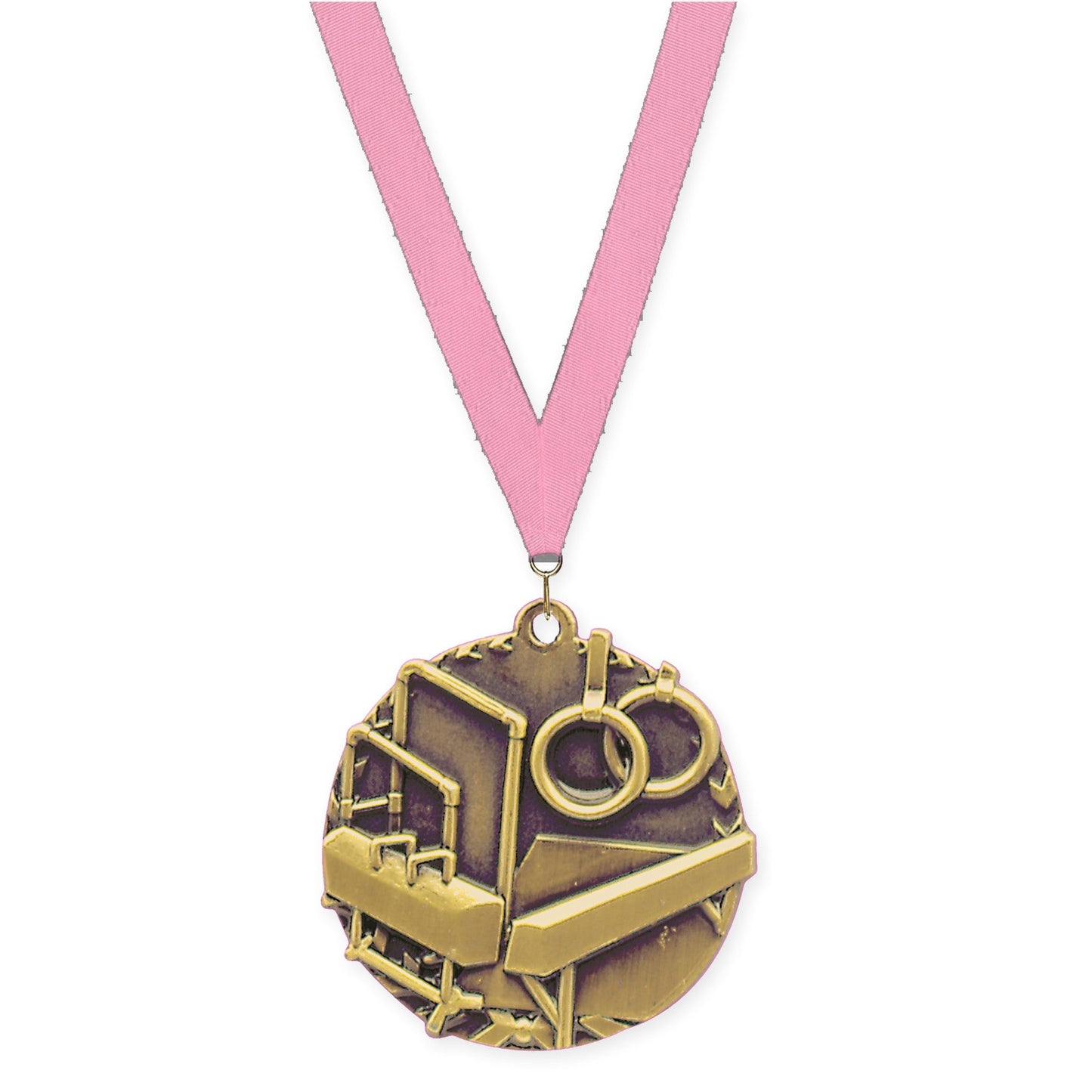 1 3/4 inch gymnastics Millennium medal in antique gold with Pink neck ribbon