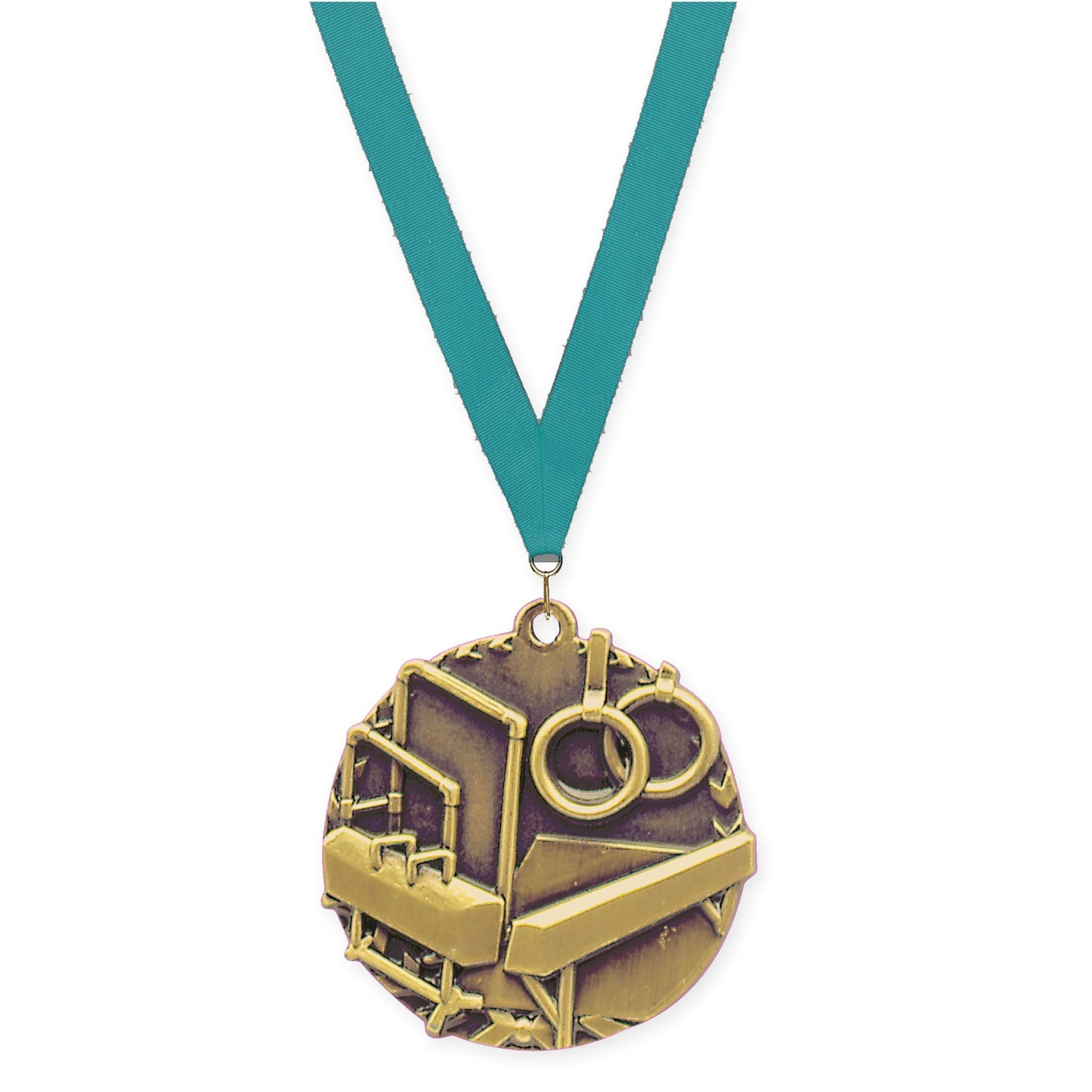 1 3/4 inch gymnastics Millennium medal in antique gold with Teal neck ribbon
