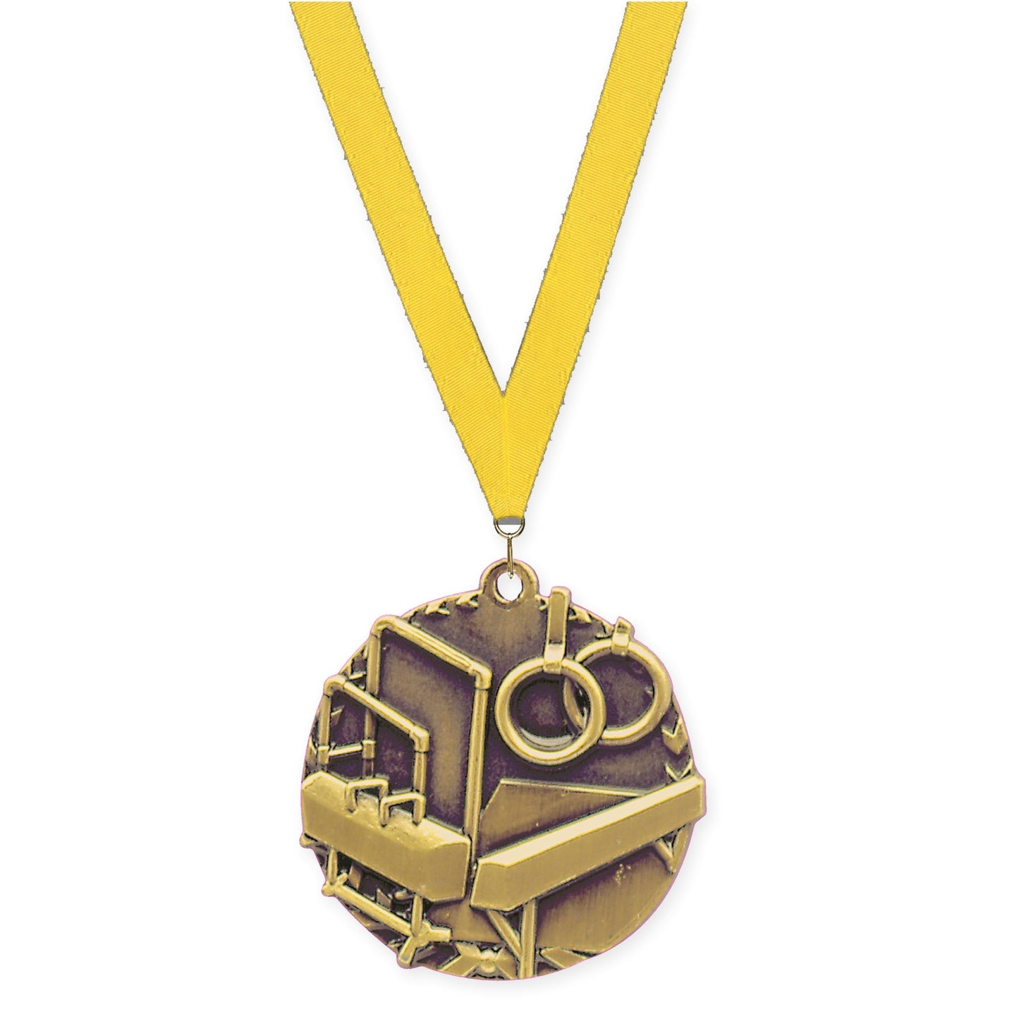 1 3/4 inch gymnastics Millennium medal in antique gold with Yellow neck ribbon