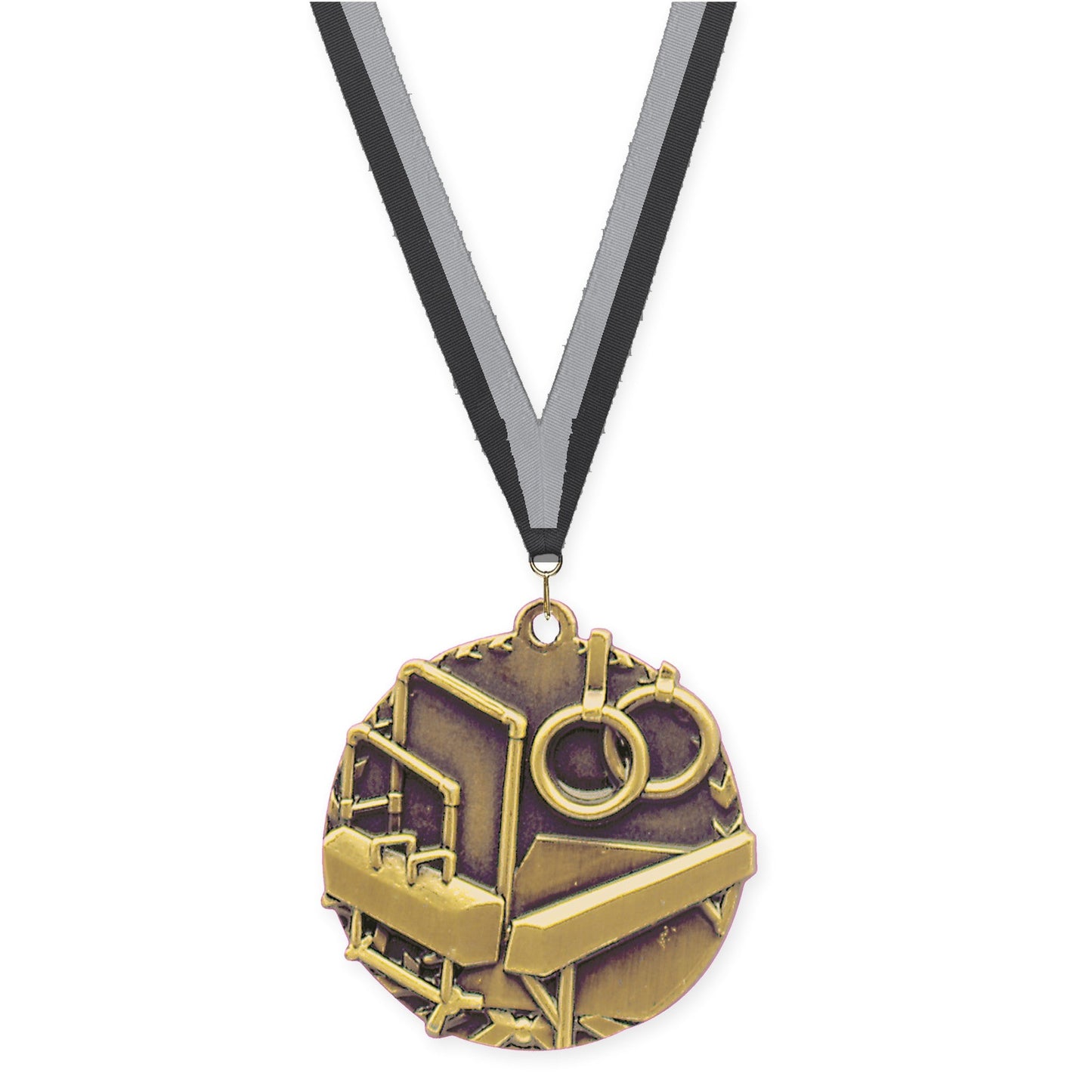 1 3/4 inch gymnastics Millennium medal in antique gold with Black Gray neck ribbon