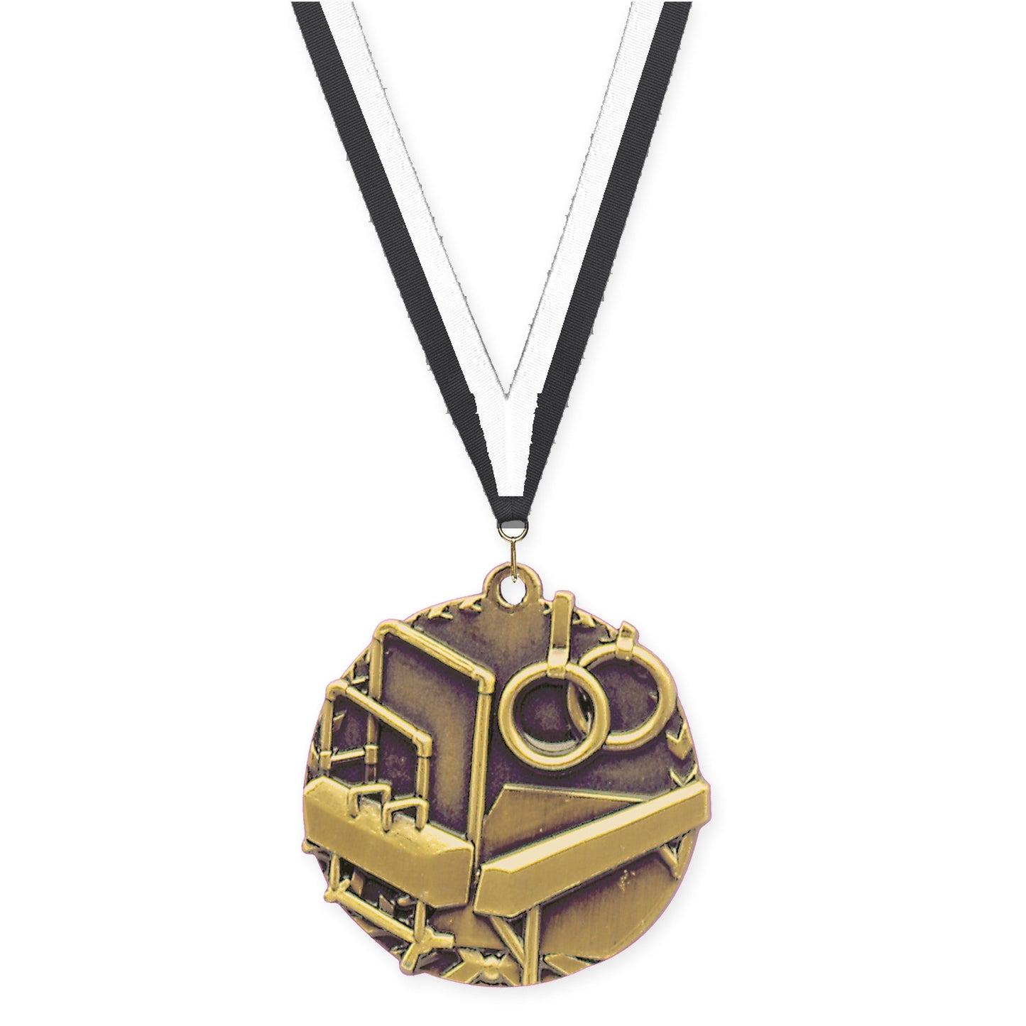 1 3/4 inch gymnastics Millennium medal in antique gold with Black White neck ribbon