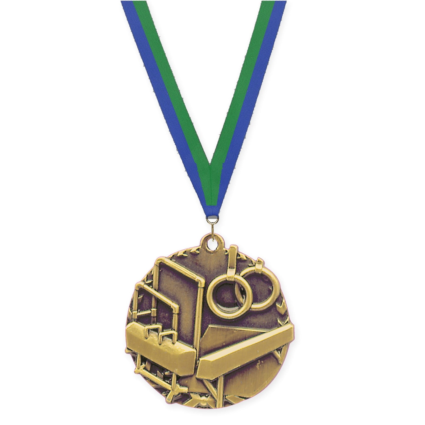1 3/4 inch gymnastics Millennium medal in antique gold with Blue Green neck ribbon