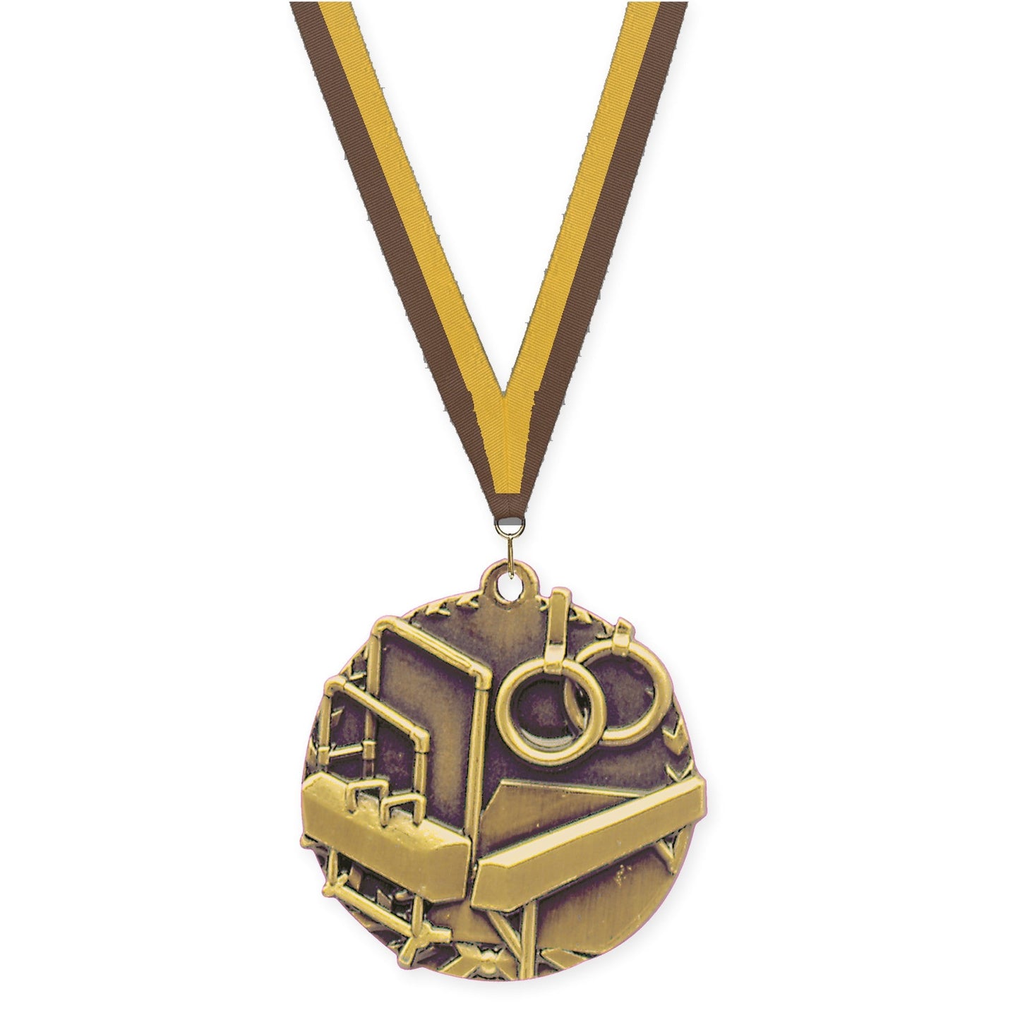1 3/4 inch gymnastics Millennium medal in antique gold with Brown Gold neck ribbon