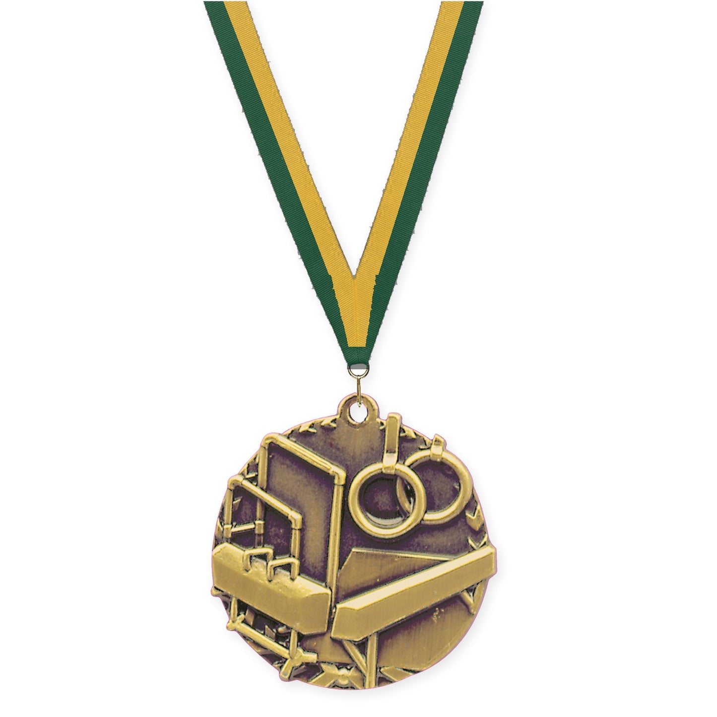 1 3/4 inch gymnastics Millennium medal in antique gold with Hunter Green Gold neck ribbon