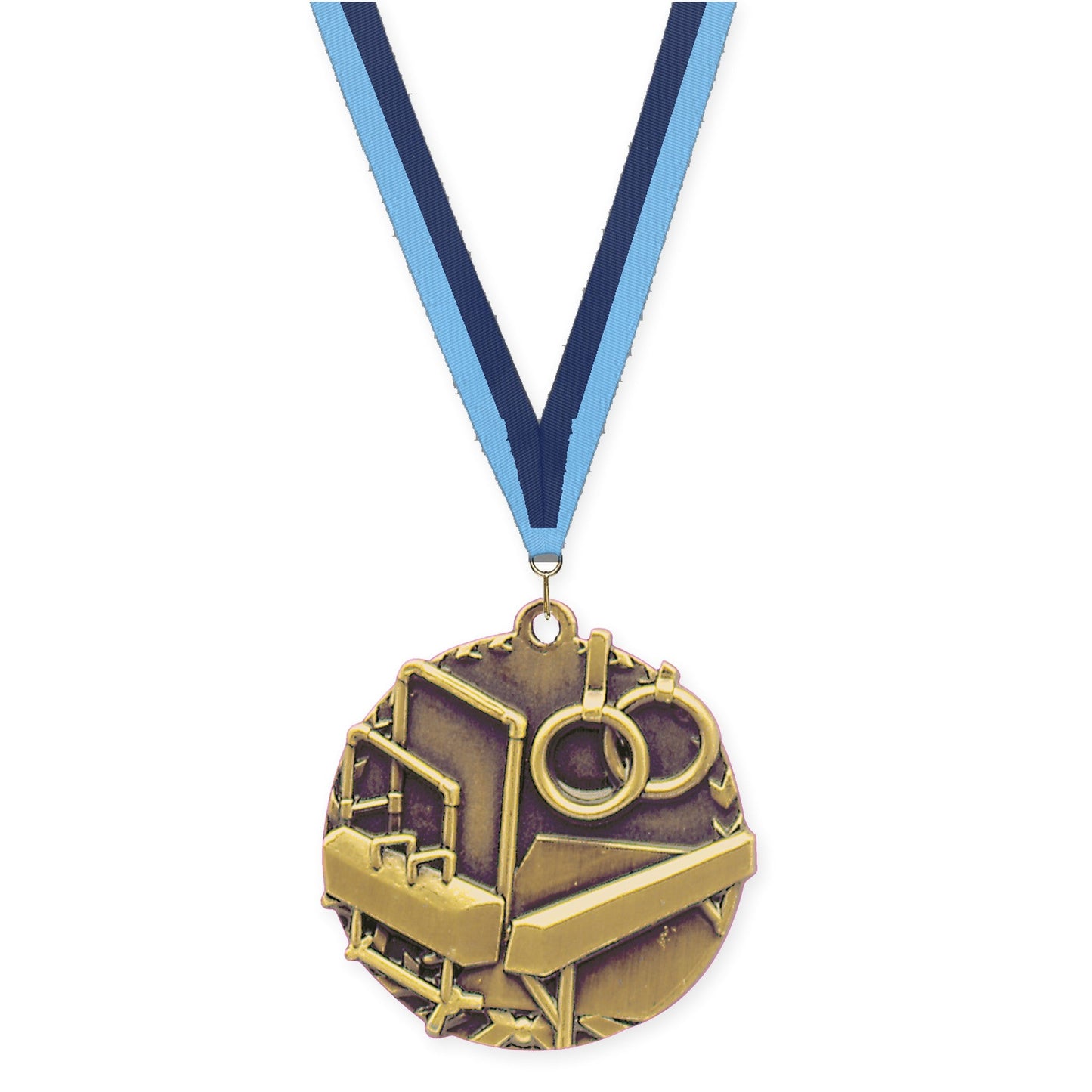 1 3/4 inch gymnastics Millennium medal in antique gold with Light Blue Navy neck ribbon