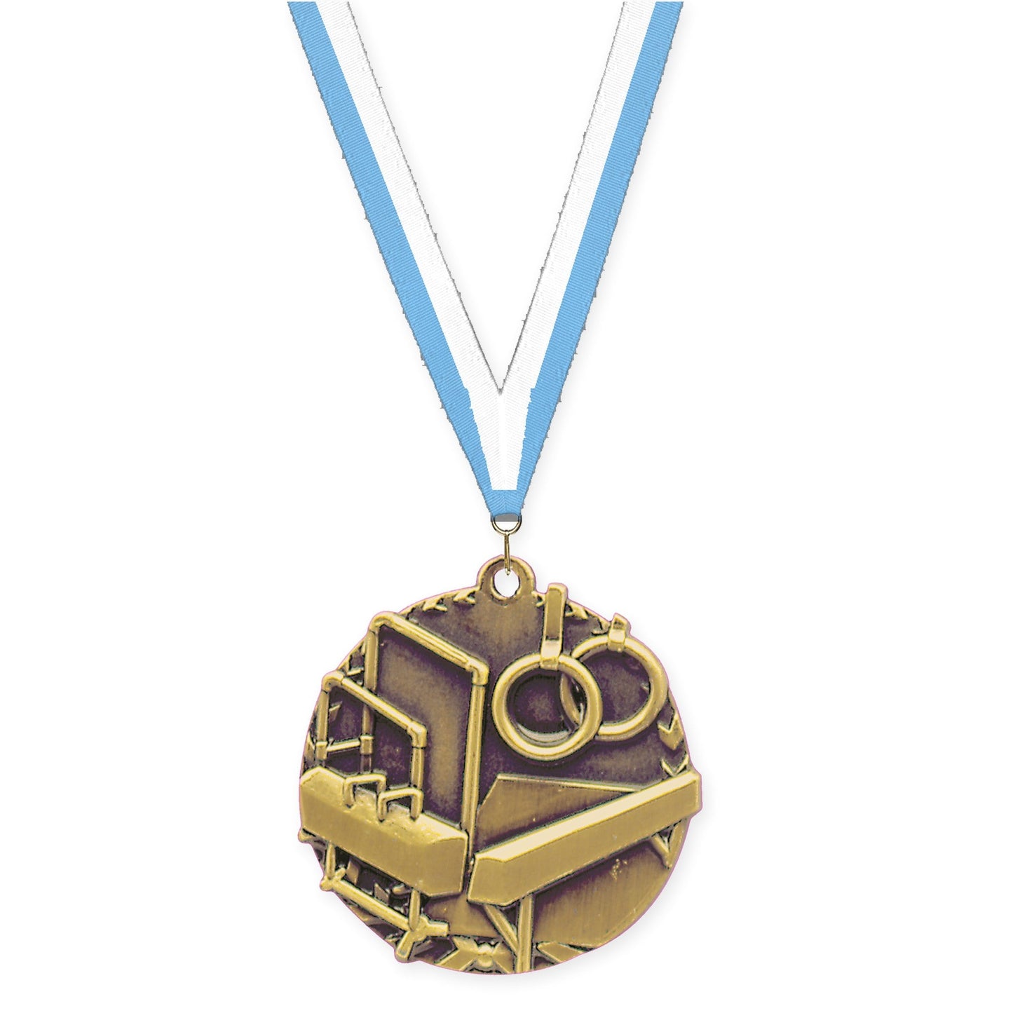 1 3/4 inch gymnastics Millennium medal in antique gold with Light Blue White neck ribbon