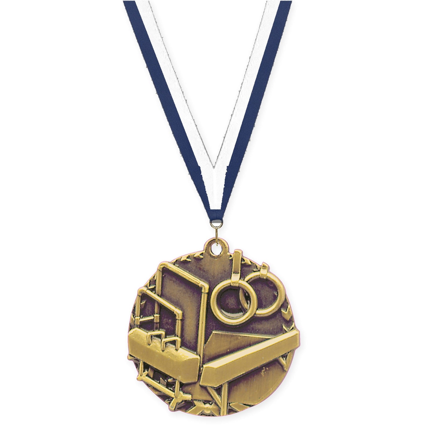 1 3/4 inch gymnastics Millennium medal in antique gold with Navy White neck ribbon