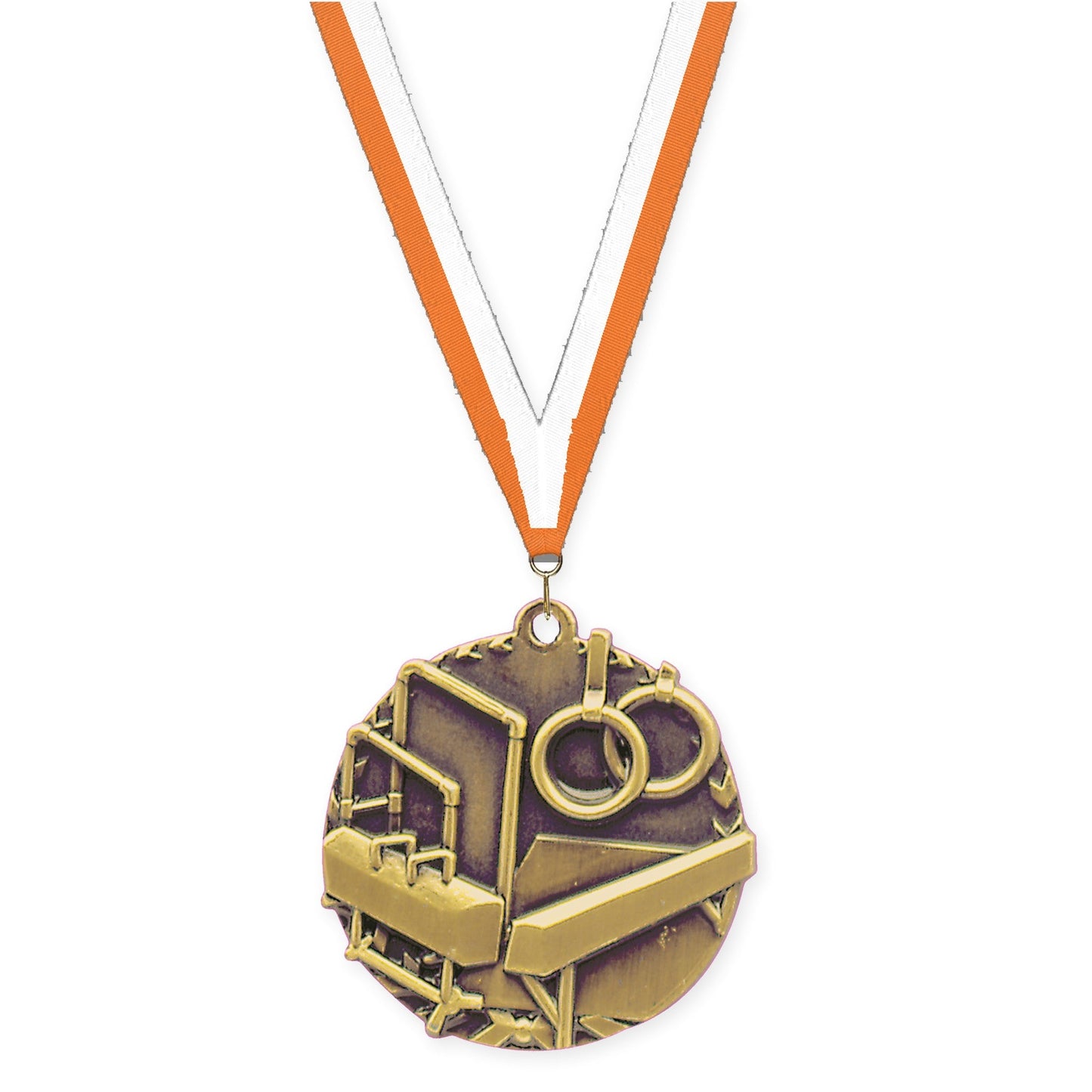 1 3/4 inch gymnastics Millennium medal in antique gold with Orange White neck ribbon