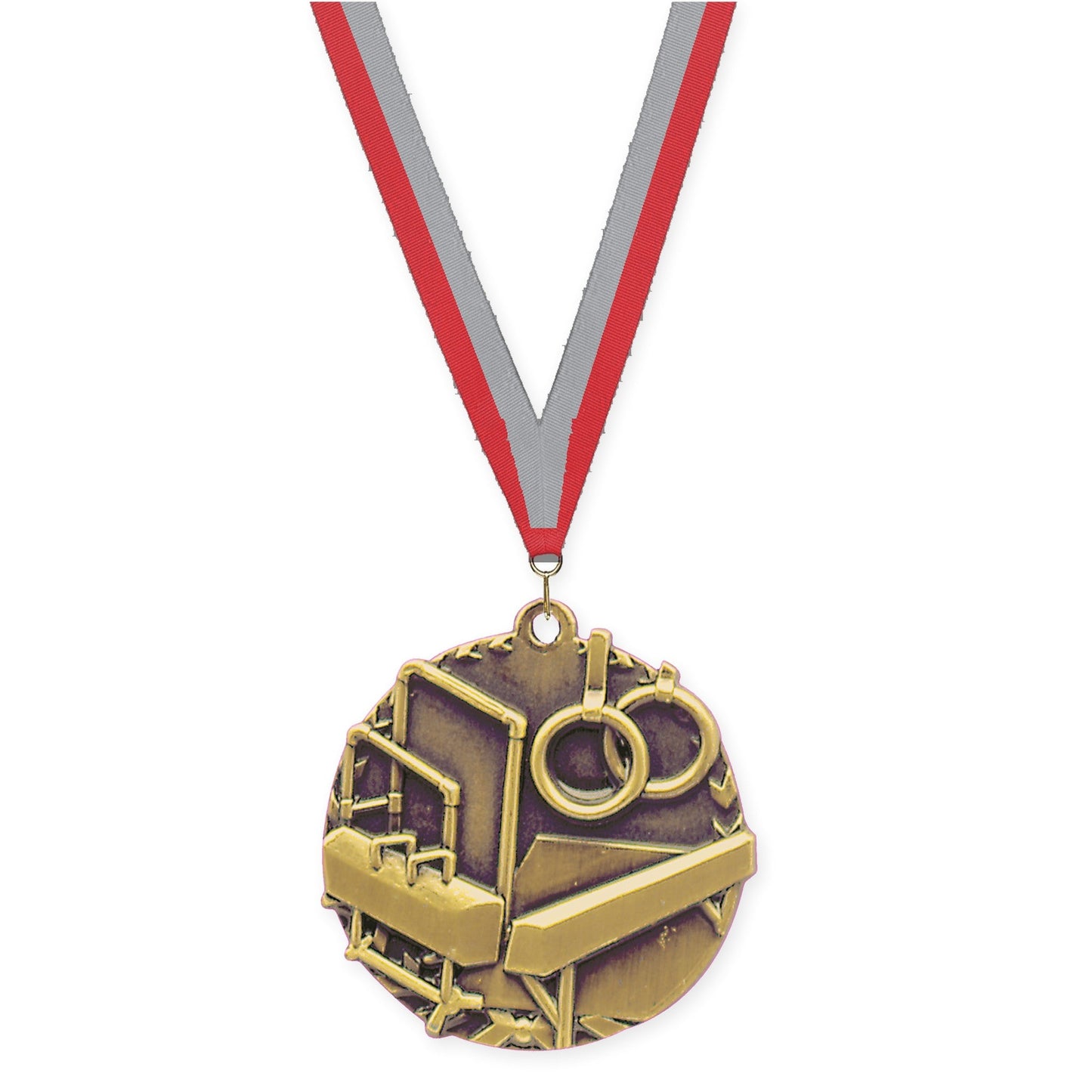 1 3/4 inch gymnastics Millennium medal in antique gold with Red Gray neck ribbon