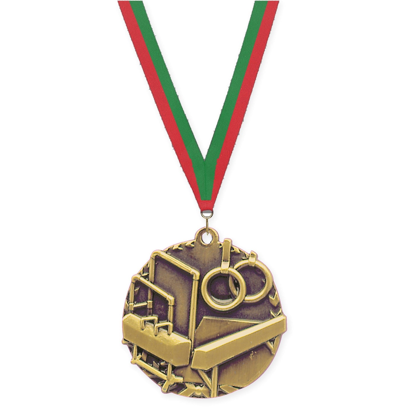 1 3/4 inch gymnastics Millennium medal in antique gold with Red Green neck ribbon