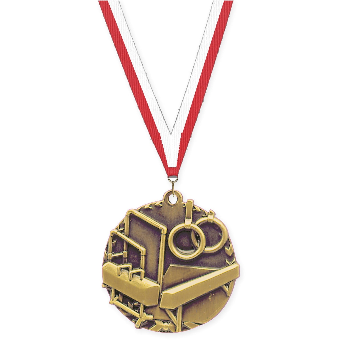 1 3/4 inch gymnastics Millennium medal in antique gold with Red White neck ribbon