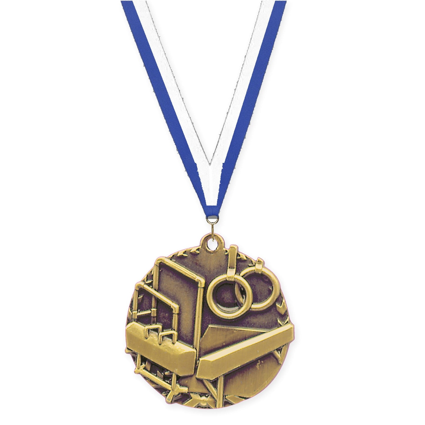 1 3/4 inch gymnastics Millennium medal in antique gold with Blue White neck ribbon
