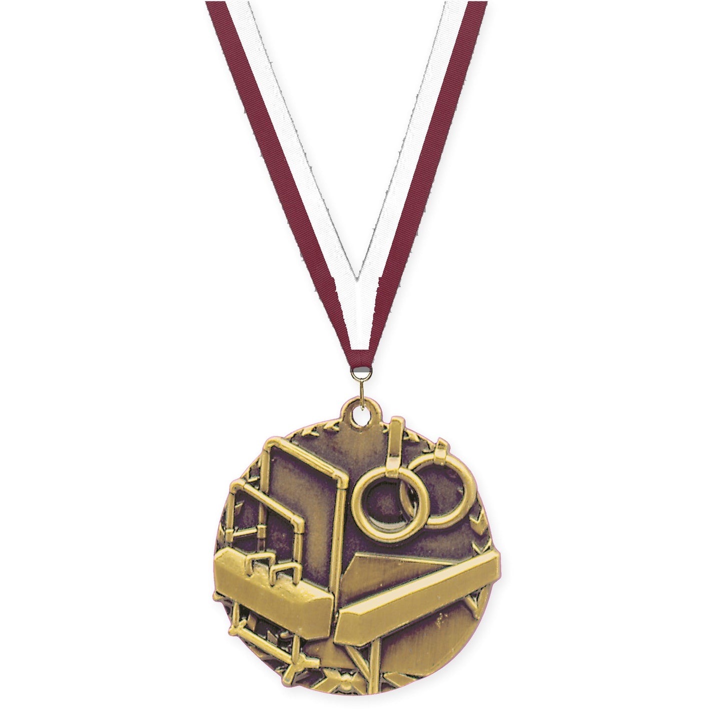 1 3/4 inch gymnastics Millennium medal in antique gold with Maroon White neck ribbon