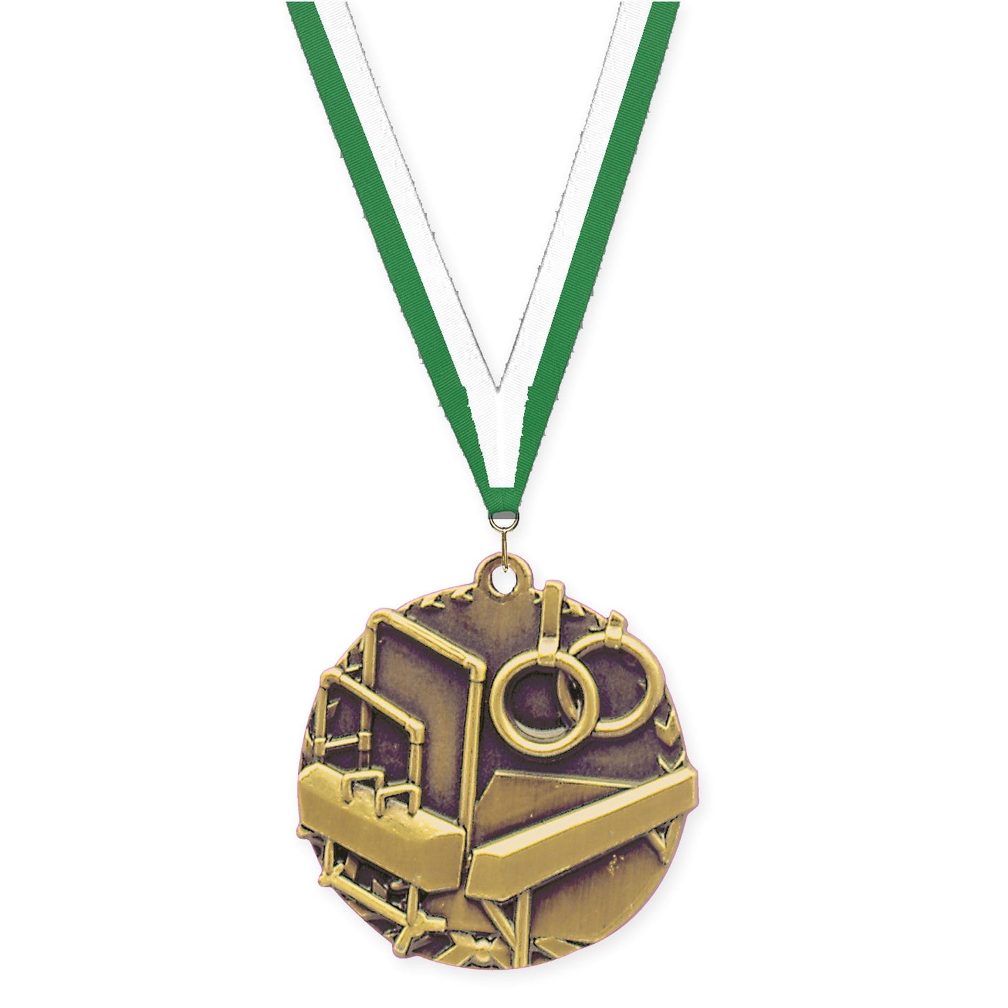 1 3/4 inch gymnastics Millennium medal in antique gold with Green White neck ribbon
