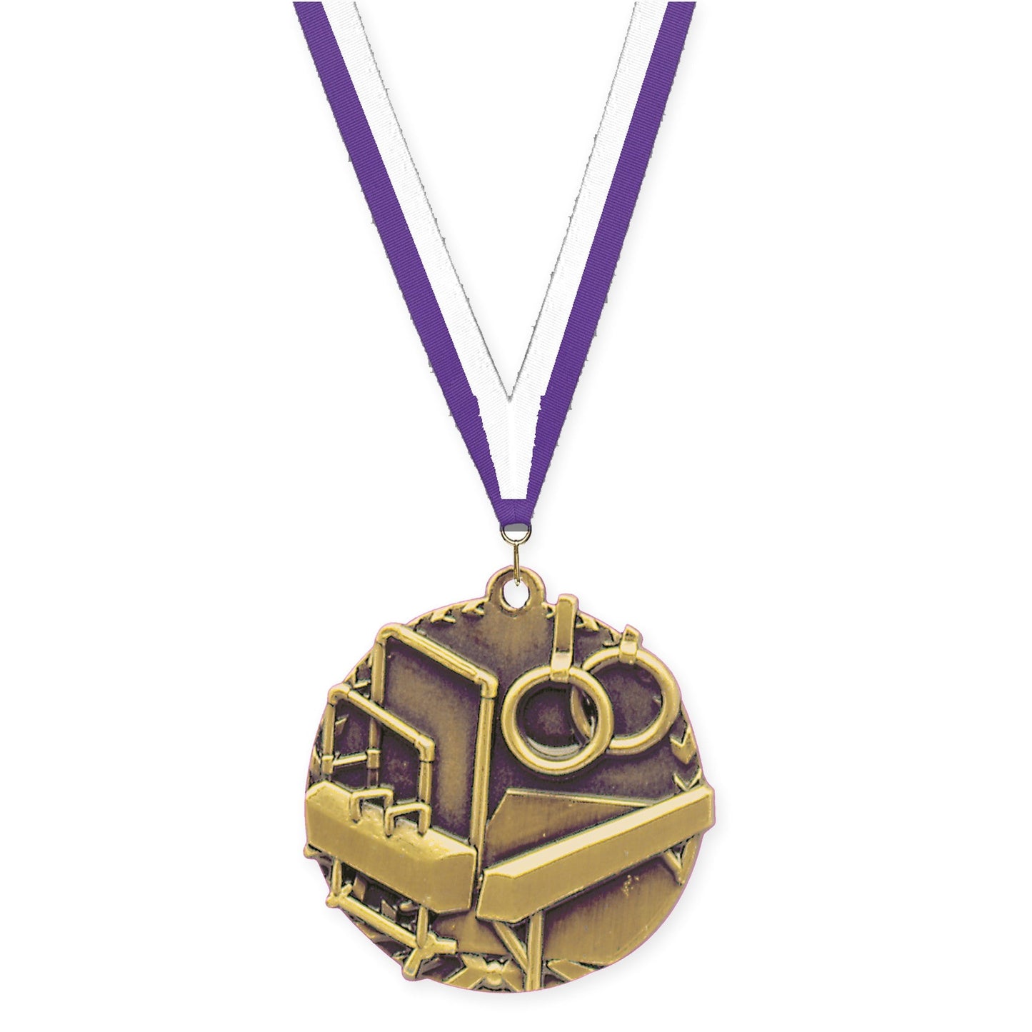 1 3/4 inch gymnastics Millennium medal in antique gold with Purple White neck ribbon