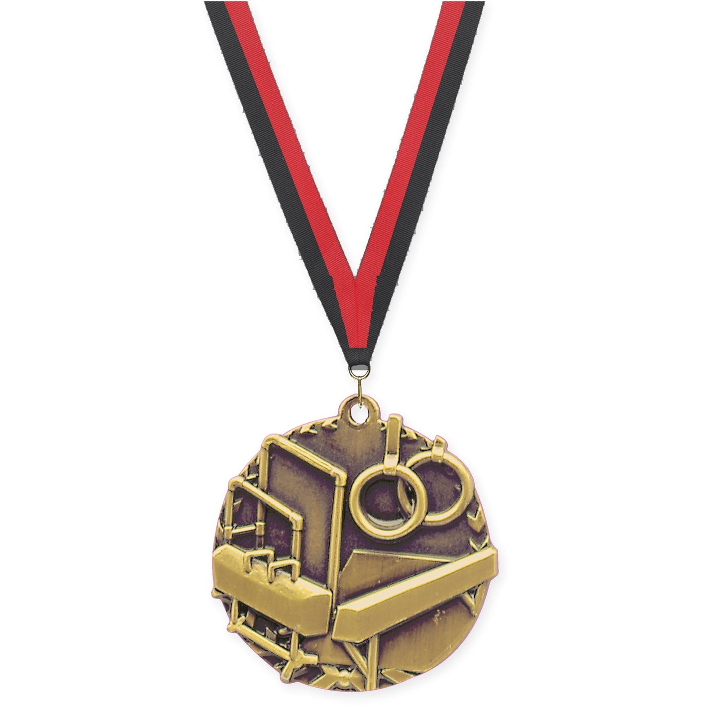 1 3/4 inch gymnastics Millennium medal in antique gold with Black Red neck ribbon