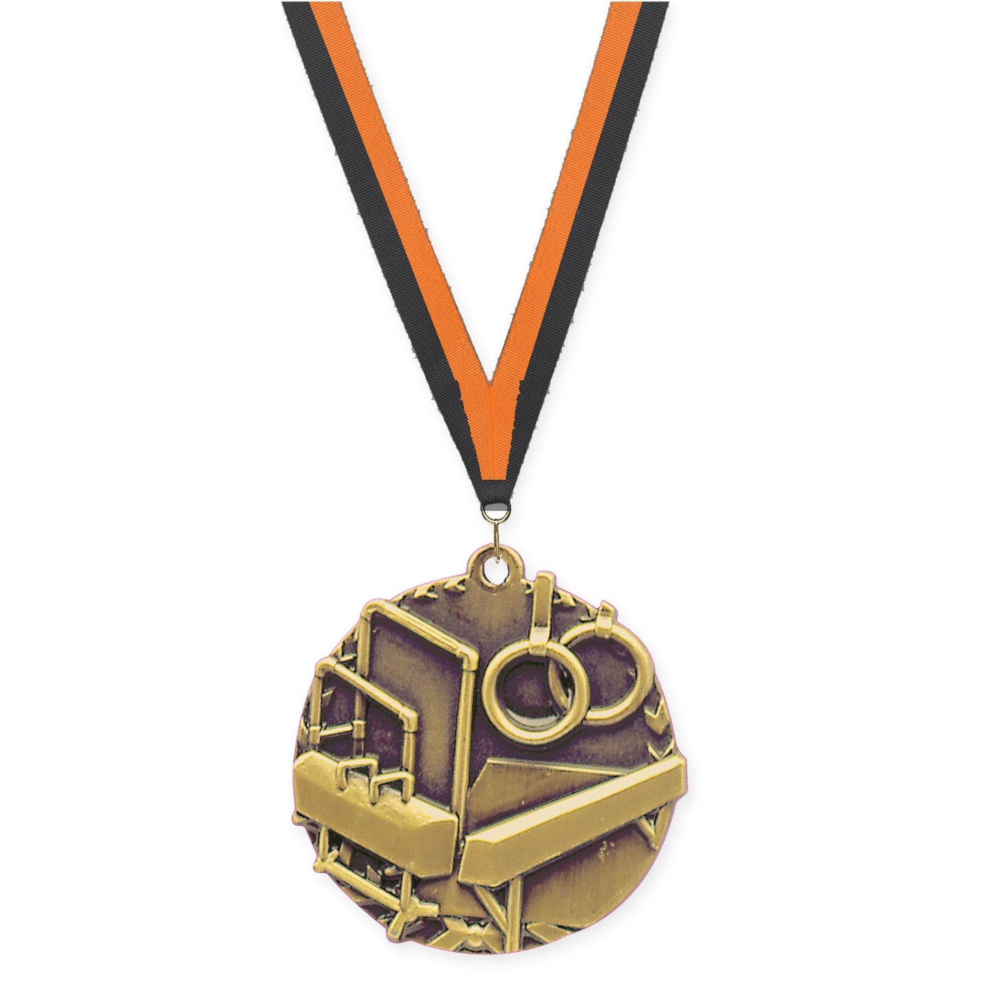 1 3/4 inch gymnastics Millennium medal in antique gold with Black Orange neck ribbon
